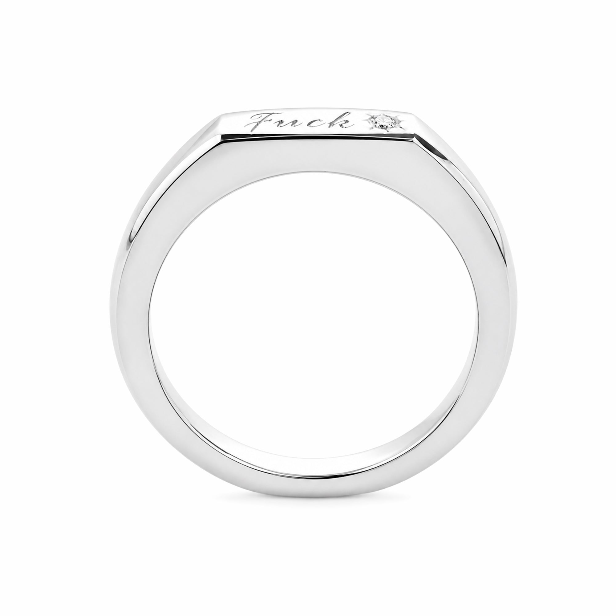 14K White Gold Signet‑Style Wedding Band, Flat Faceted Top with Engraving & Single Accent Diamond