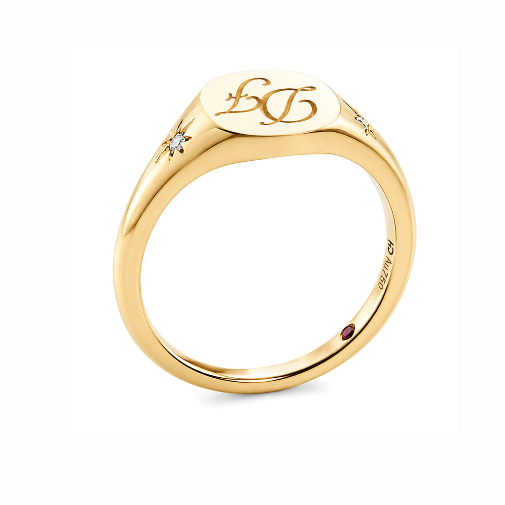 14K Yellow Gold Personalized Monogram Signet Ring with Starburst Diamonds & Pink Accent Stone