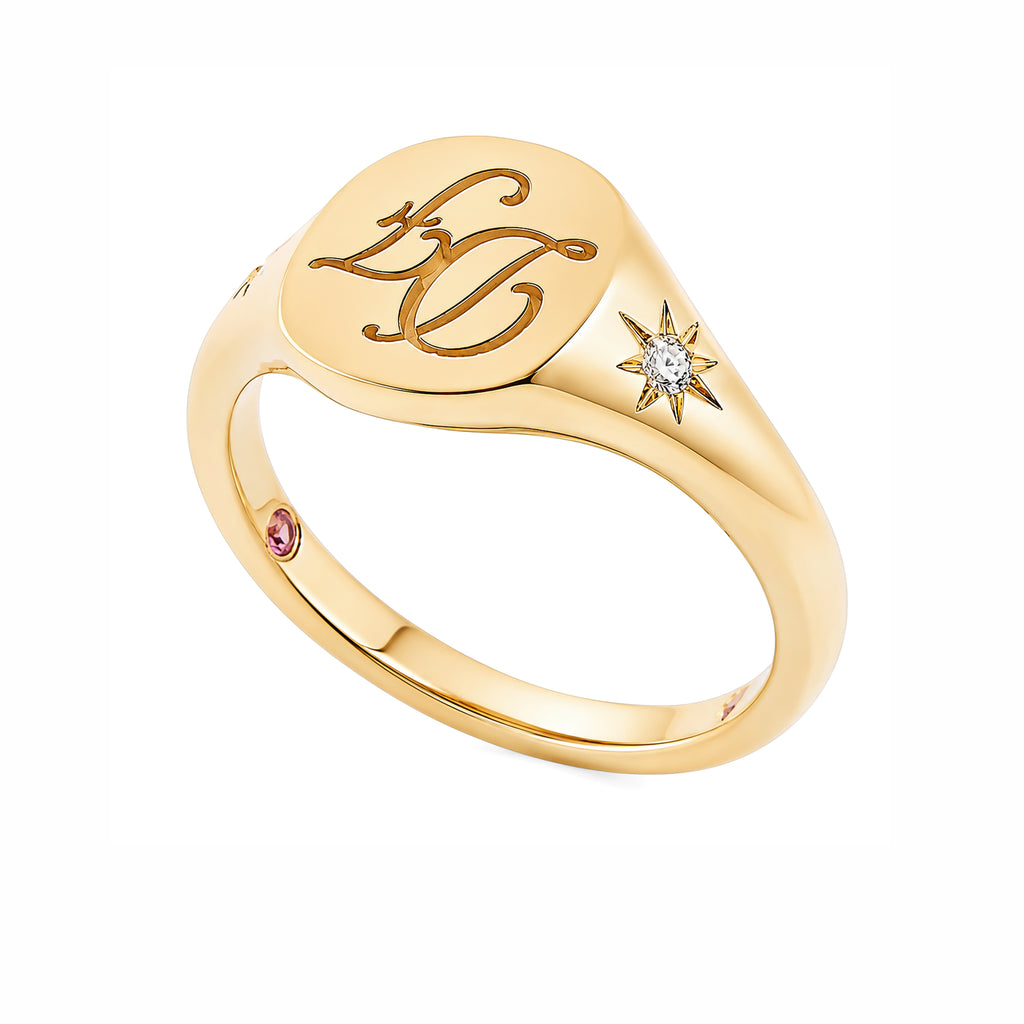 14K Yellow Gold Personalized Monogram Signet Ring with Starburst Diamonds & Pink Accent Stone