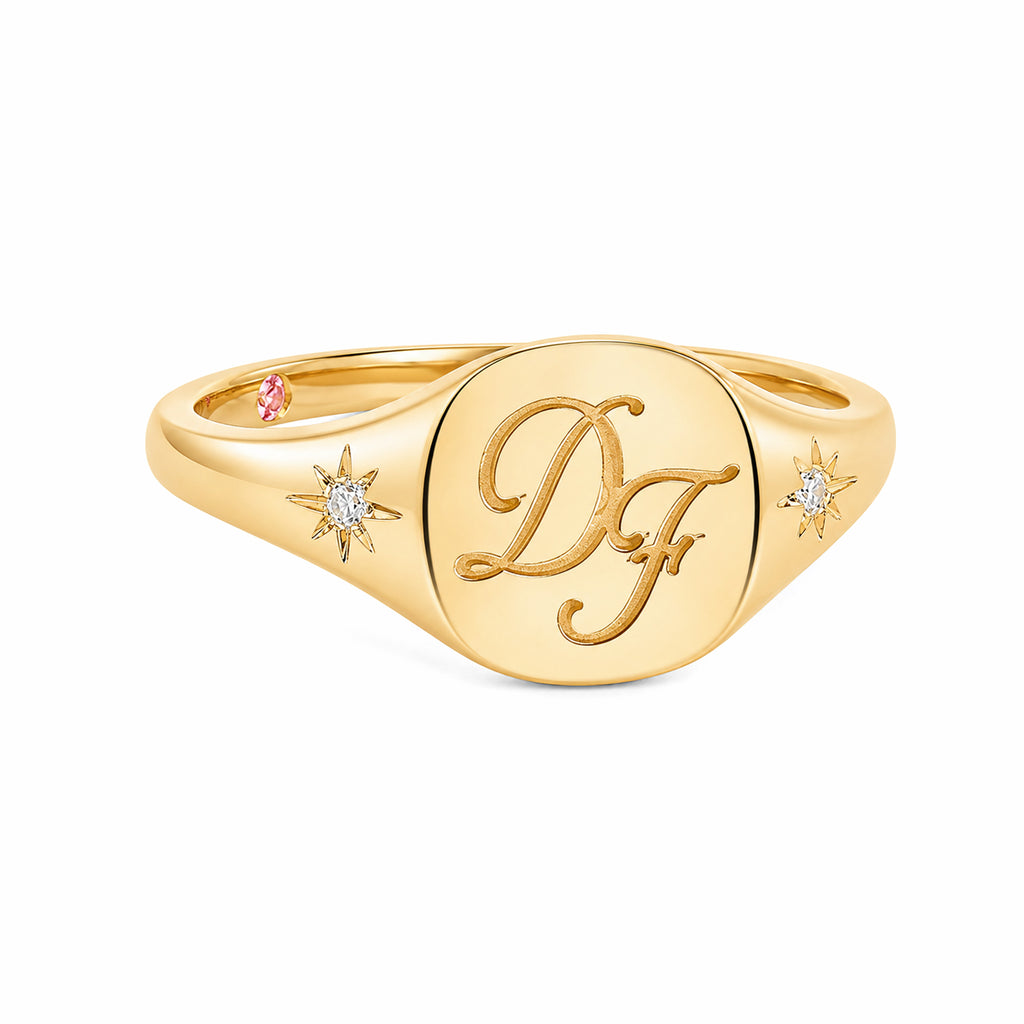 14K Yellow Gold Personalized Monogram Signet Ring with Starburst Diamonds & Pink Accent Stone