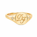 14K Yellow Gold Personalized Monogram Signet Ring with Starburst Diamonds & Pink Accent Stone