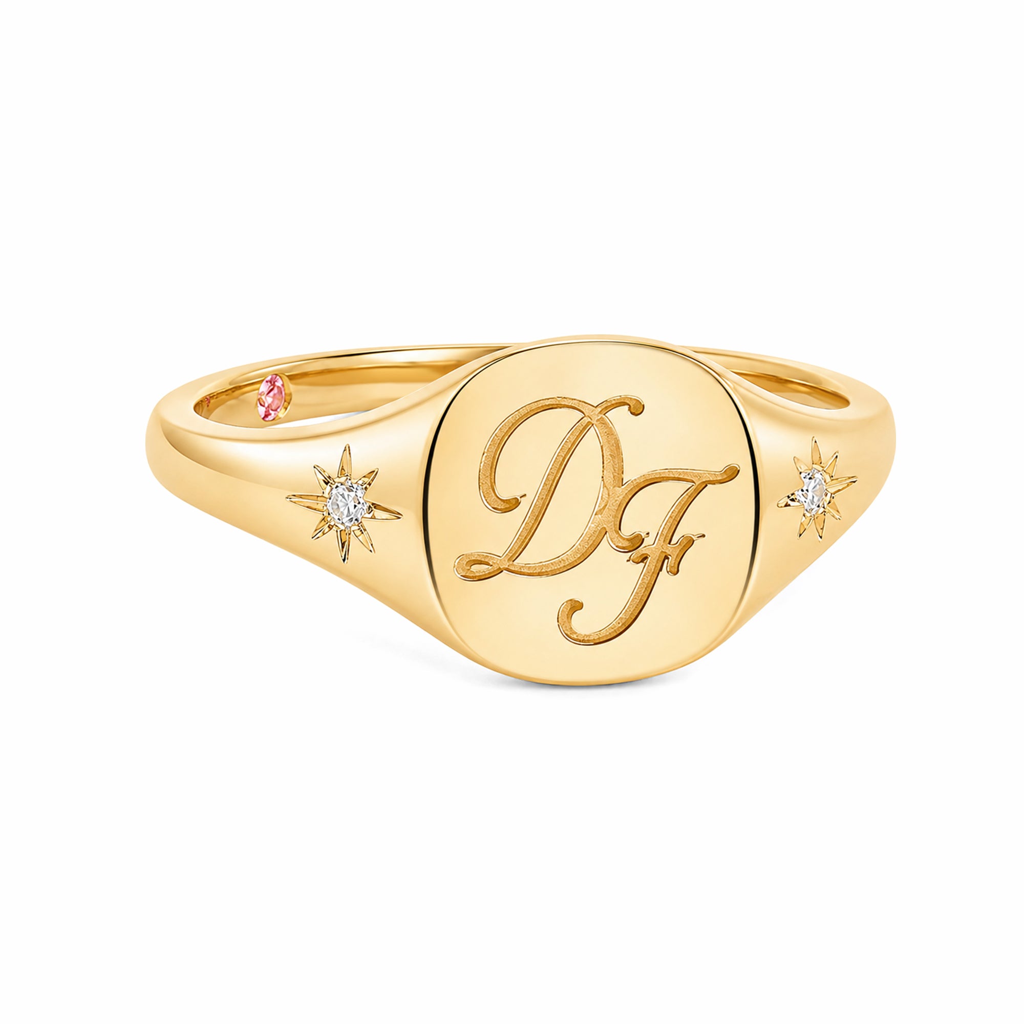 14K Yellow Gold Personalized Monogram Signet Ring with Starburst Diamonds & Pink Accent Stone