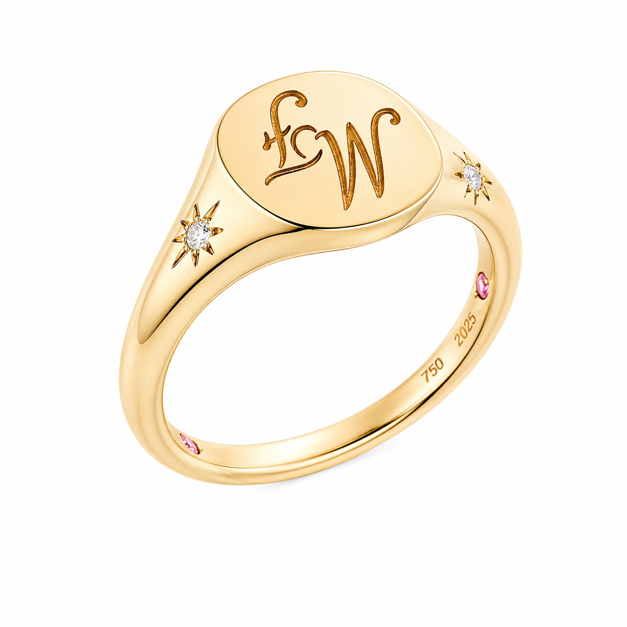 14K Yellow Gold Custom‑Engraved Monogram Signet Ring with Starburst Diamonds & Dual Inner Pink Accent Stones