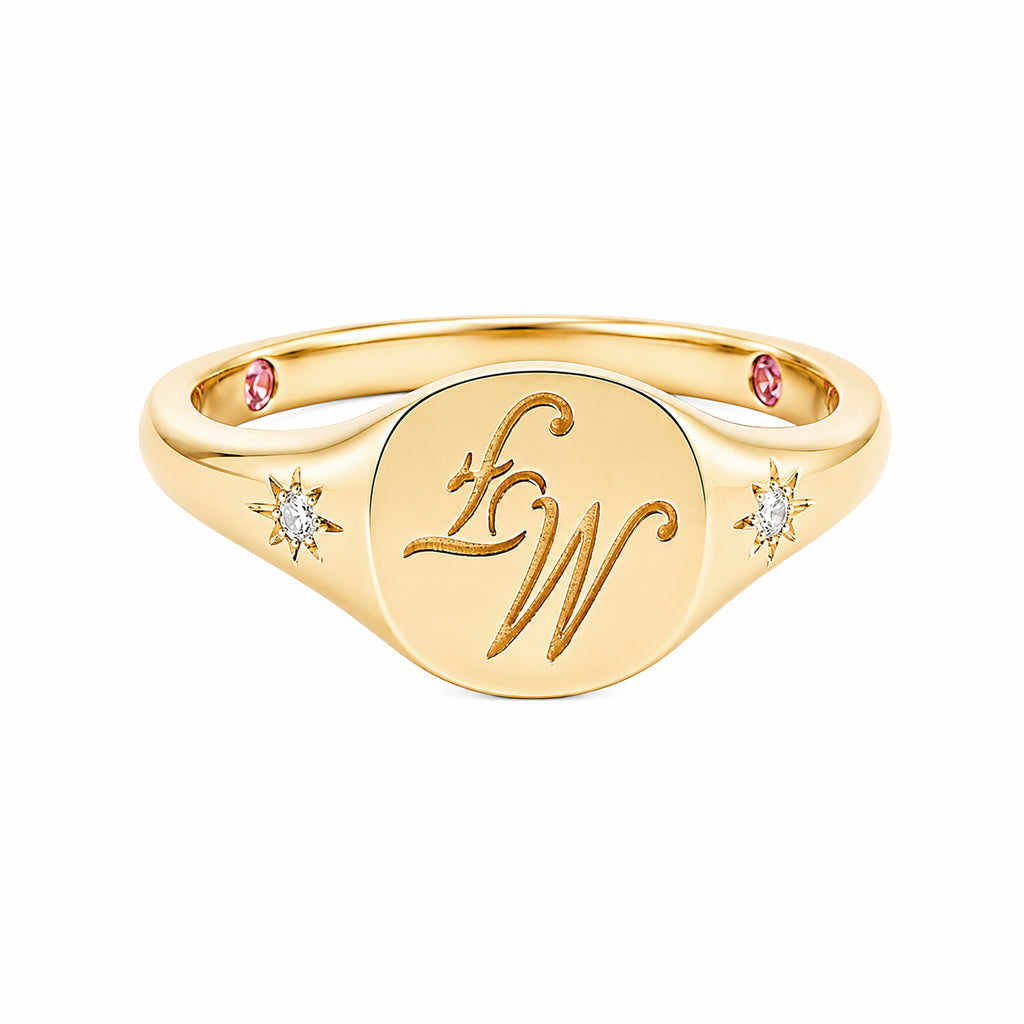 14K Yellow Gold Custom‑Engraved Monogram Signet Ring with Starburst Diamonds & Dual Inner Pink Accent Stones