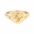 14K Yellow Gold Custom‑Engraved Monogram Signet Ring with Starburst Diamonds & Dual Inner Pink Accent Stones