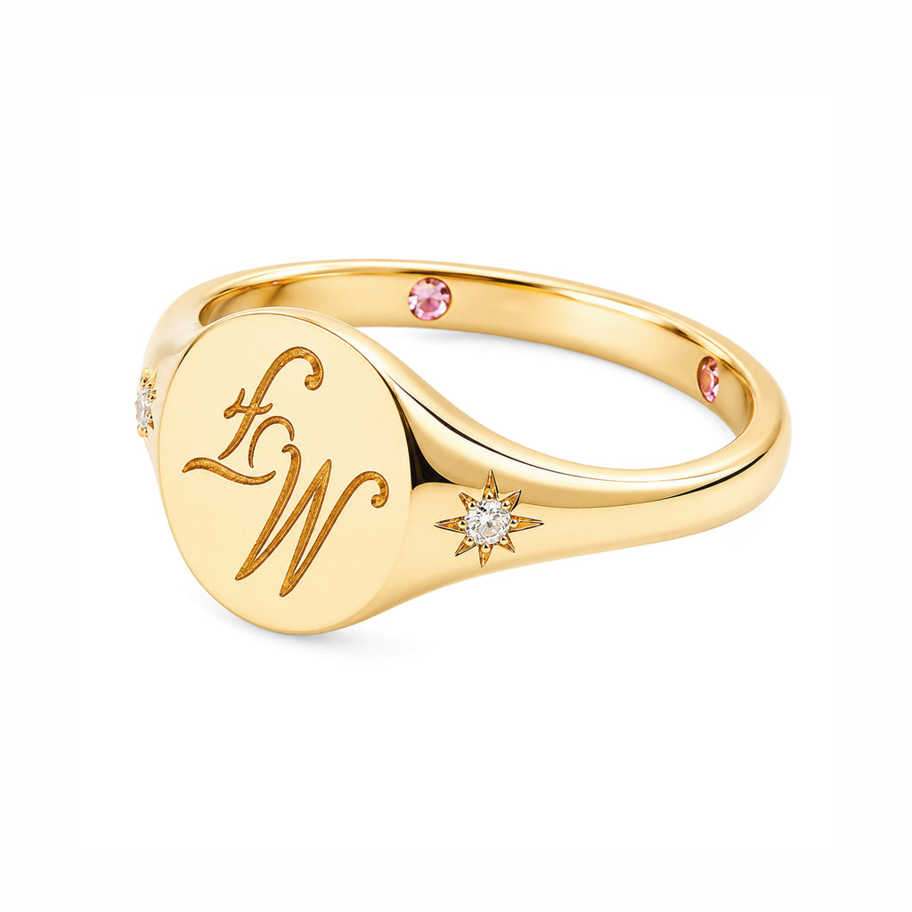 14K Yellow Gold Custom‑Engraved Monogram Signet Ring with Starburst Diamonds & Dual Inner Pink Accent Stones