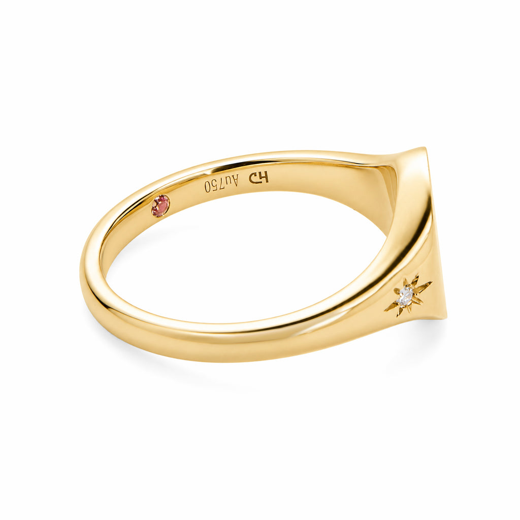 14K Yellow Gold Custom‑Engraved Monogram Signet Ring with Starburst Diamonds & Dual Inner Pink Accent Stones