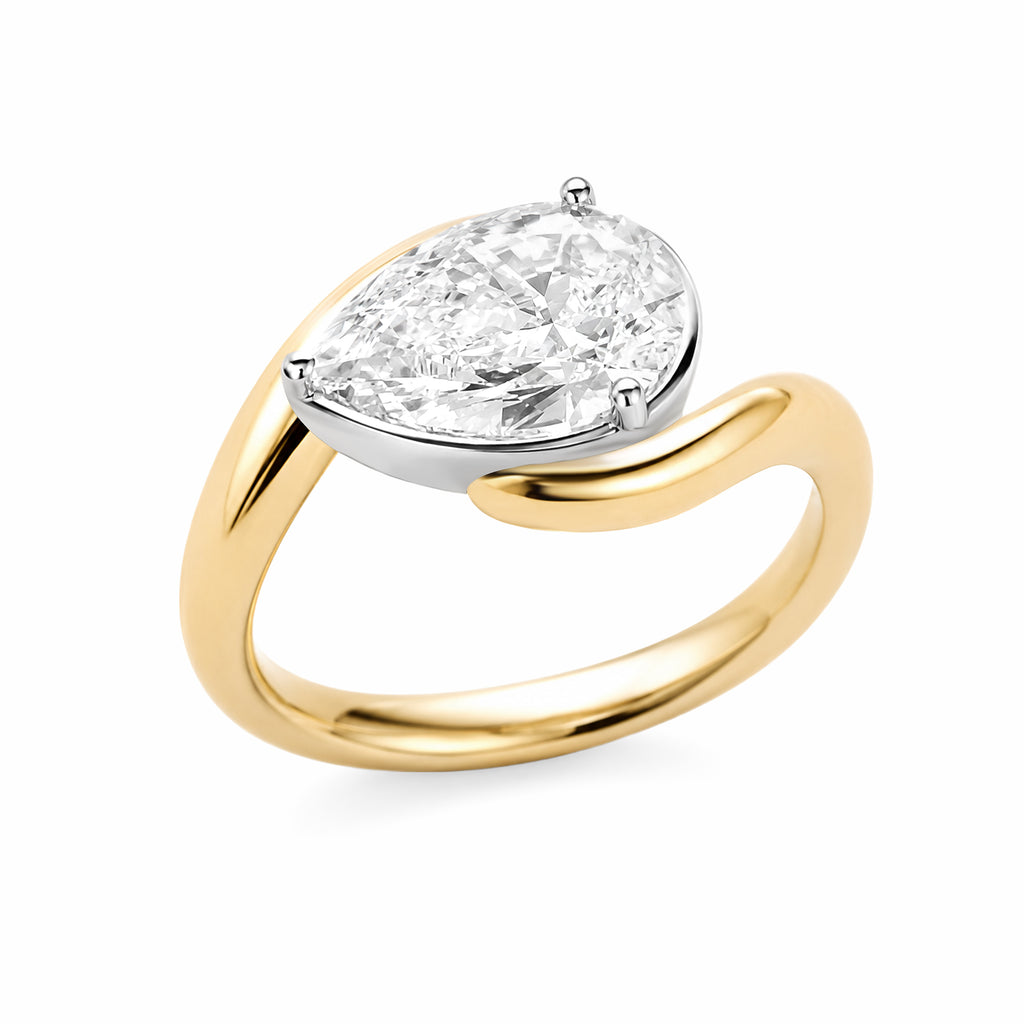 14K Yellow Gold Pear‑Cut Lab‑Grown Diamond Solitaire Ring, Two‑Tone Bezel‑Set Bypass Shank Modern Ring