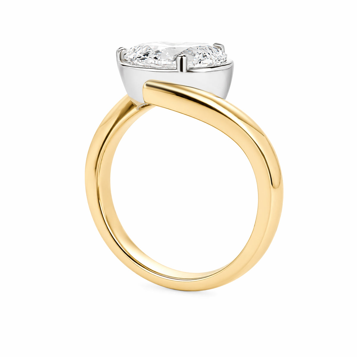 14K Yellow Gold Pear‑Cut Lab‑Grown Diamond Solitaire Ring, Two‑Tone Bezel‑Set Bypass Shank Modern Ring
