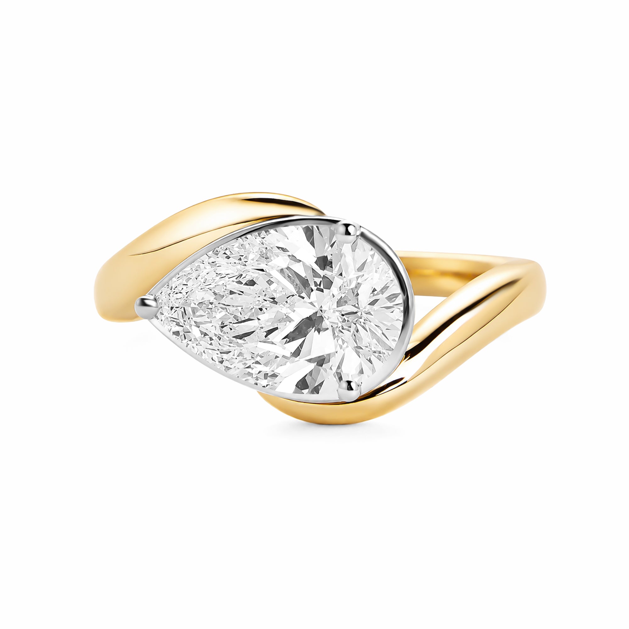 14K Yellow Gold Pear‑Cut Lab‑Grown Diamond Solitaire Ring, Two‑Tone Bezel‑Set Bypass Shank Modern Ring