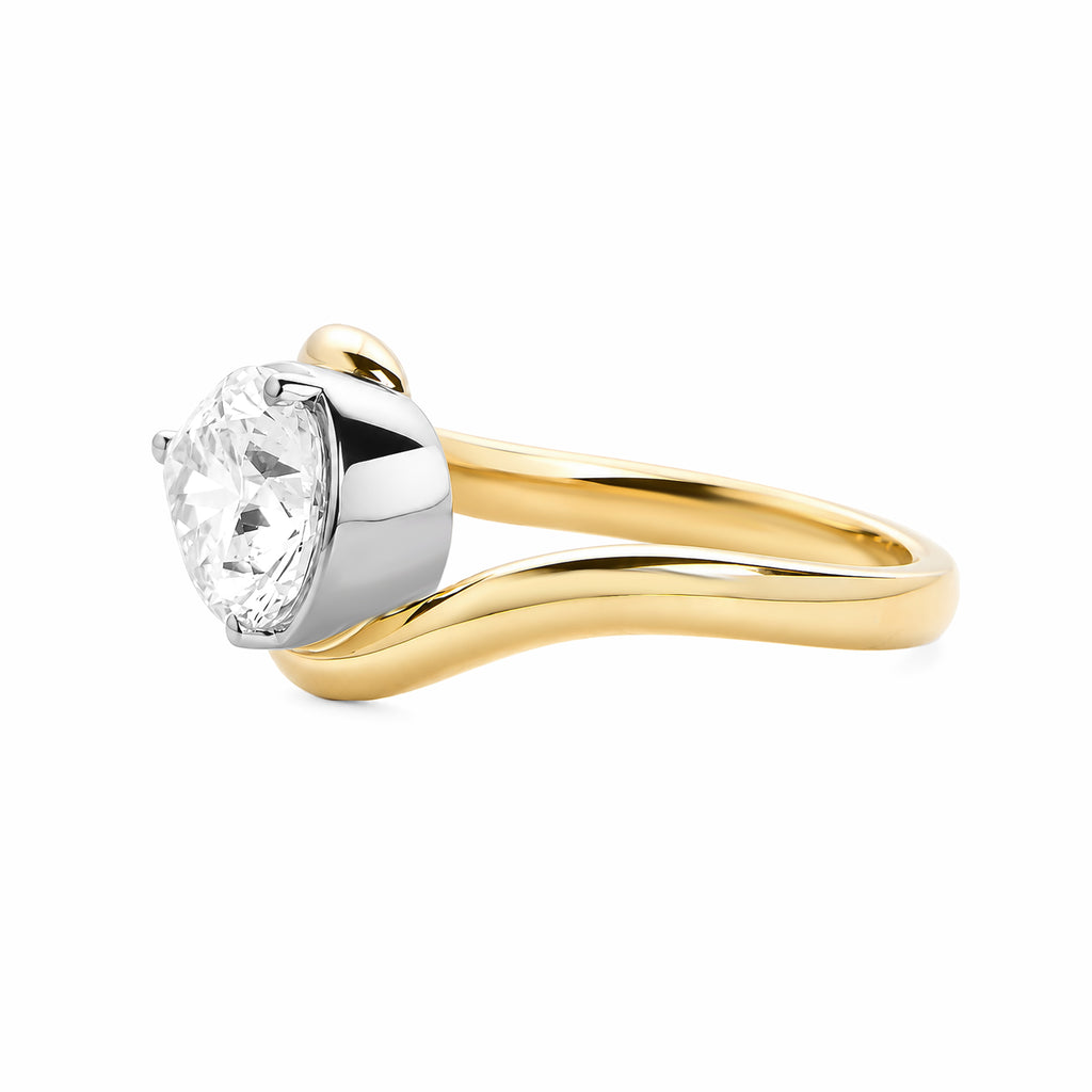 14K Yellow Gold Pear‑Cut Lab‑Grown Diamond Solitaire Ring, Two‑Tone Bezel‑Set Bypass Shank Modern Ring