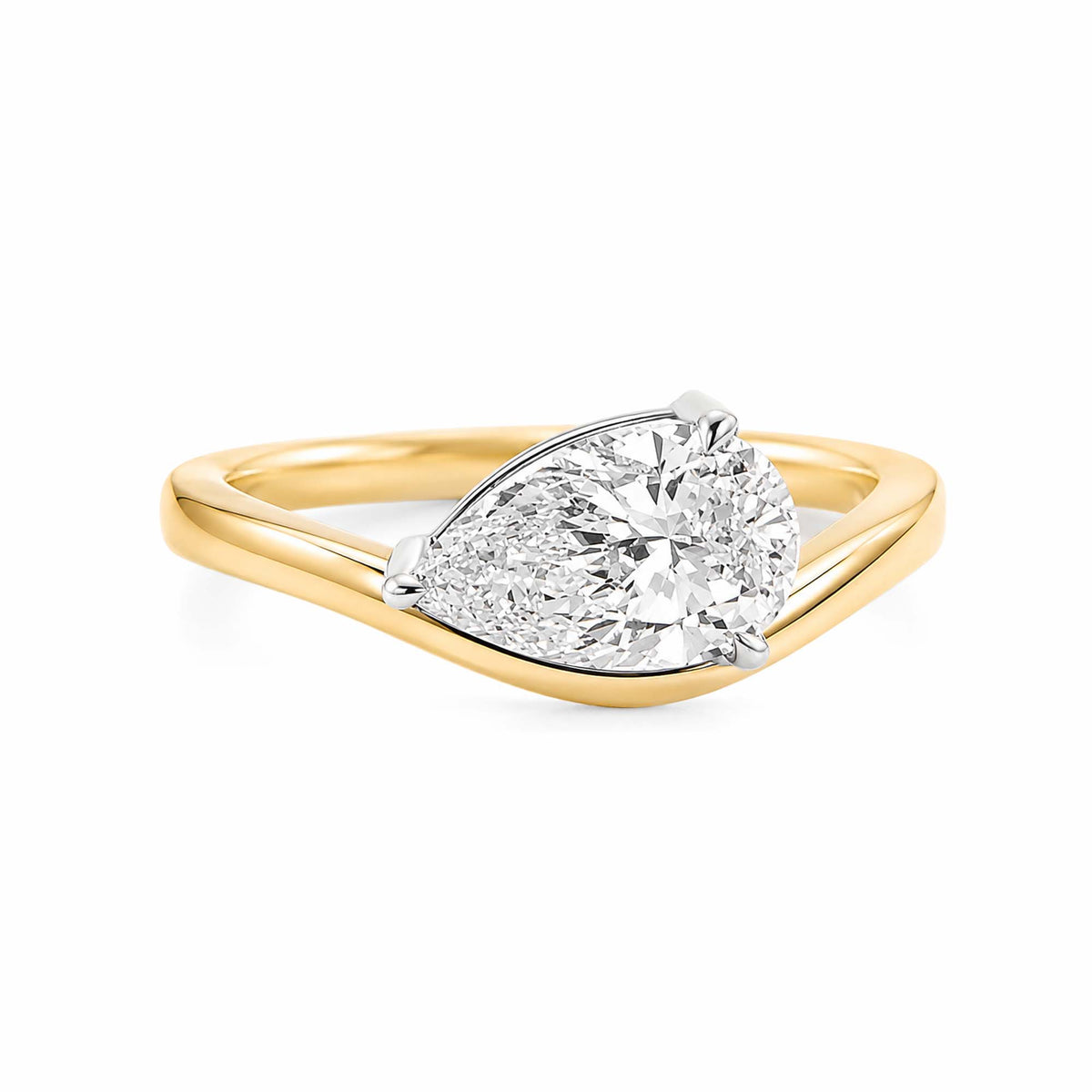 14K Yellow Gold Pear‑Cut Lab‑Grown Diamond Solitaire Ring, Curved V‑Shank with White‑Gold Prongs Two‑Tone Setting