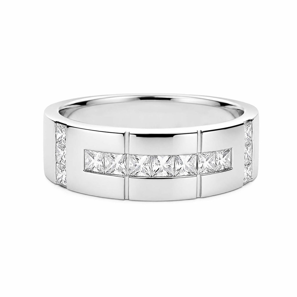 14K White Gold Men’s Wide Diamond Wedding Band, Channel‑Set Princess‑Cut Diamonds Geometric Groove Detailing
