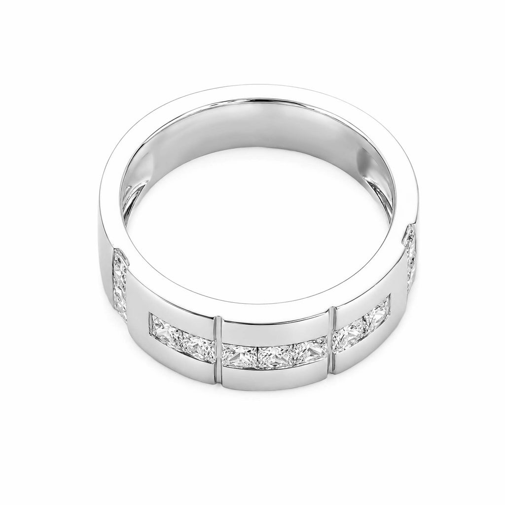 14K White Gold Men’s Wide Diamond Wedding Band, Channel‑Set Princess‑Cut Diamonds Geometric Groove Detailing