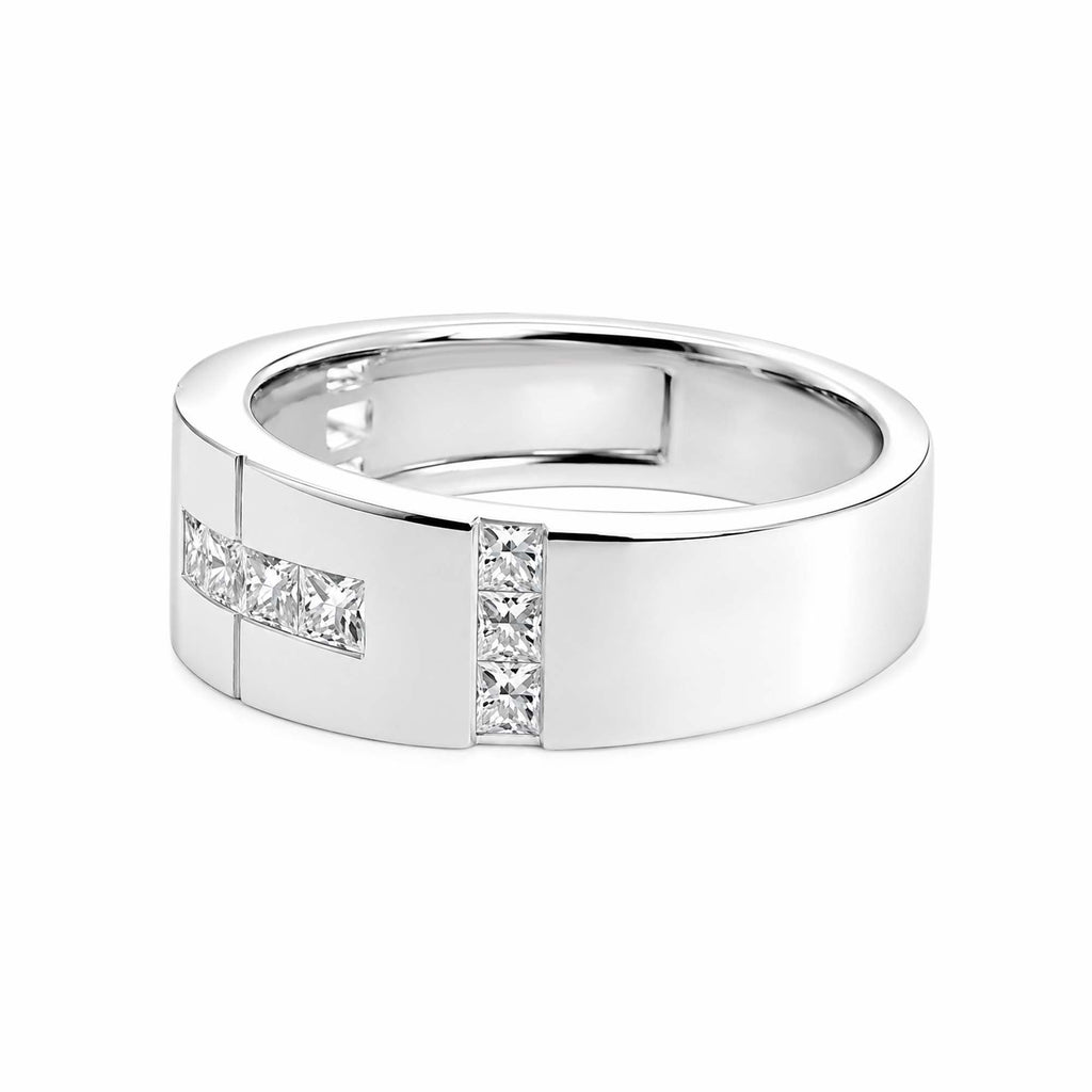 14K White Gold Men’s Wide Diamond Wedding Band, Channel‑Set Princess‑Cut Diamonds Geometric Groove Detailing