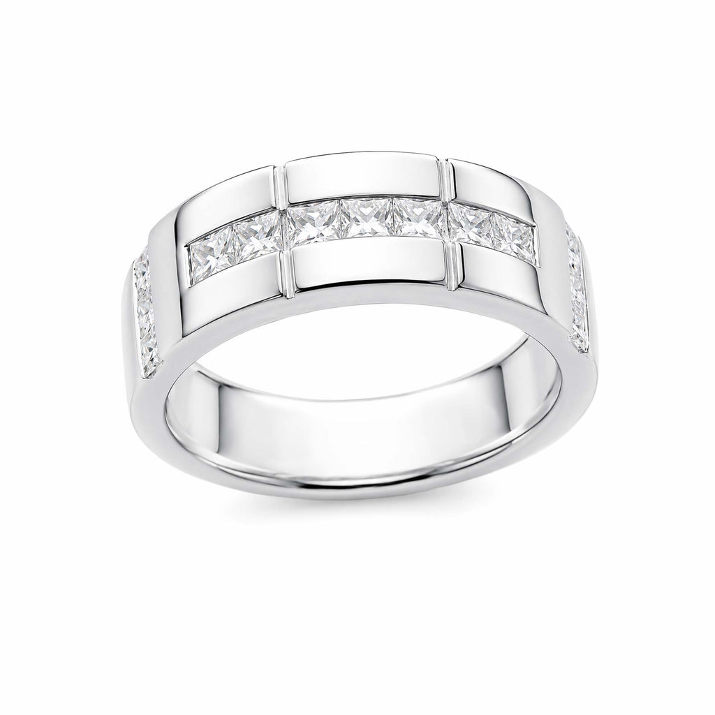 14K White Gold Men’s Wide Diamond Wedding Band, Channel‑Set Princess‑Cut Diamonds Geometric Groove Detailing