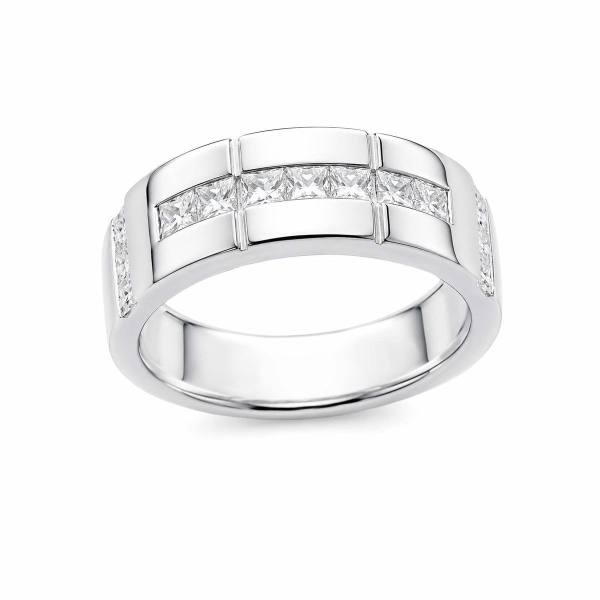14K White Gold Men’s Wide Diamond Wedding Band, Channel‑Set Princess‑Cut Diamonds Geometric Groove Detailing