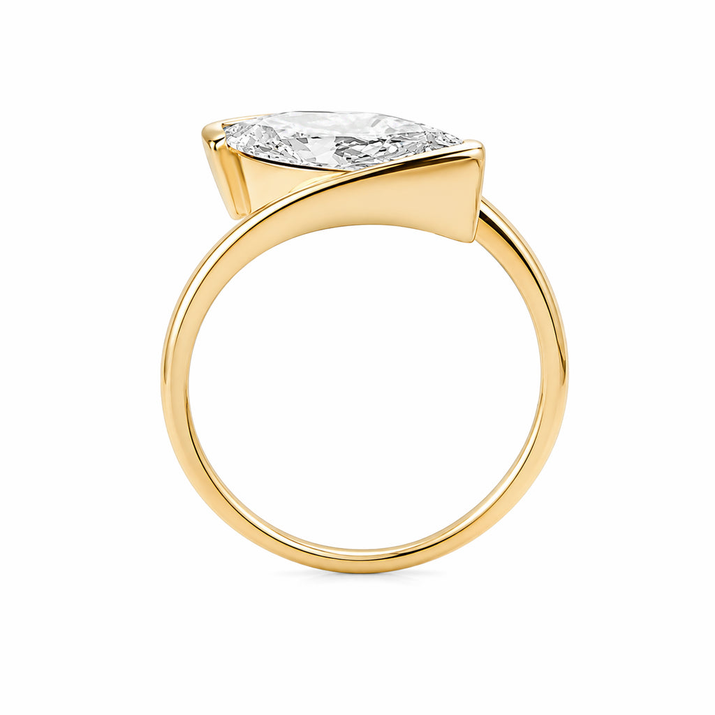 14K Yellow Gold Marquise‑Cut Lab‑Grown Diamond Solitaire Ring, Bypass Split‑Shank Bezel‑Accent Modern Ring