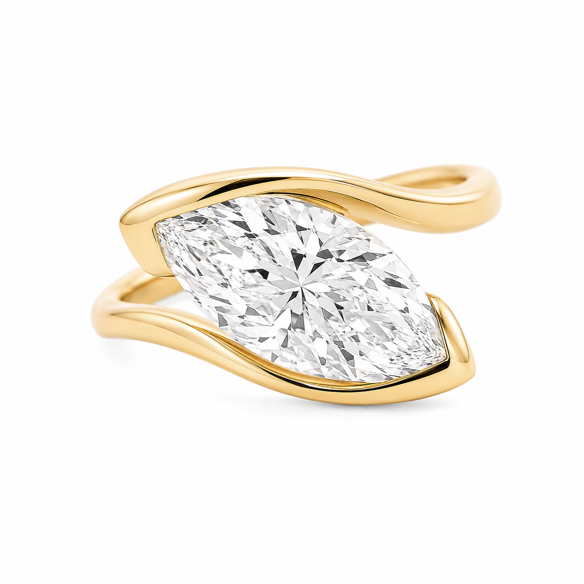 14K Yellow Gold Marquise‑Cut Lab‑Grown Diamond Solitaire Ring, Bypass Split‑Shank Bezel‑Accent Modern Ring