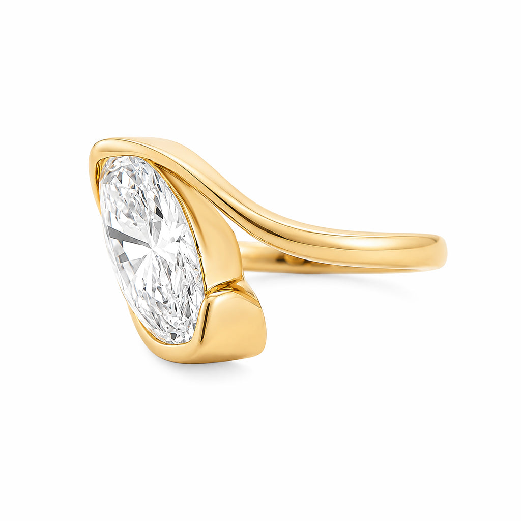 14K Yellow Gold Marquise‑Cut Lab‑Grown Diamond Solitaire Ring, Bypass Split‑Shank Bezel‑Accent Modern Ring