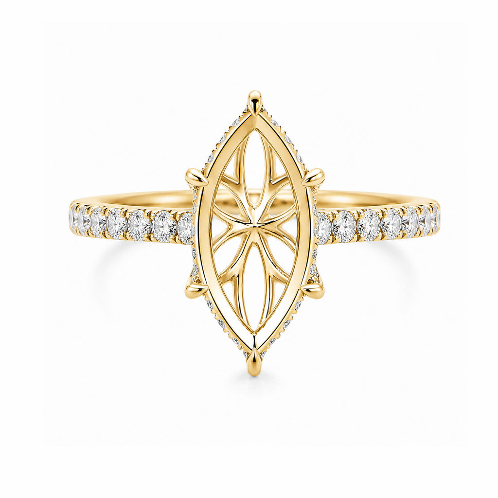 14K Yellow Gold Marquise‑Shaped Openwork Filigree Ring with Pavé‑Set Diamond Band