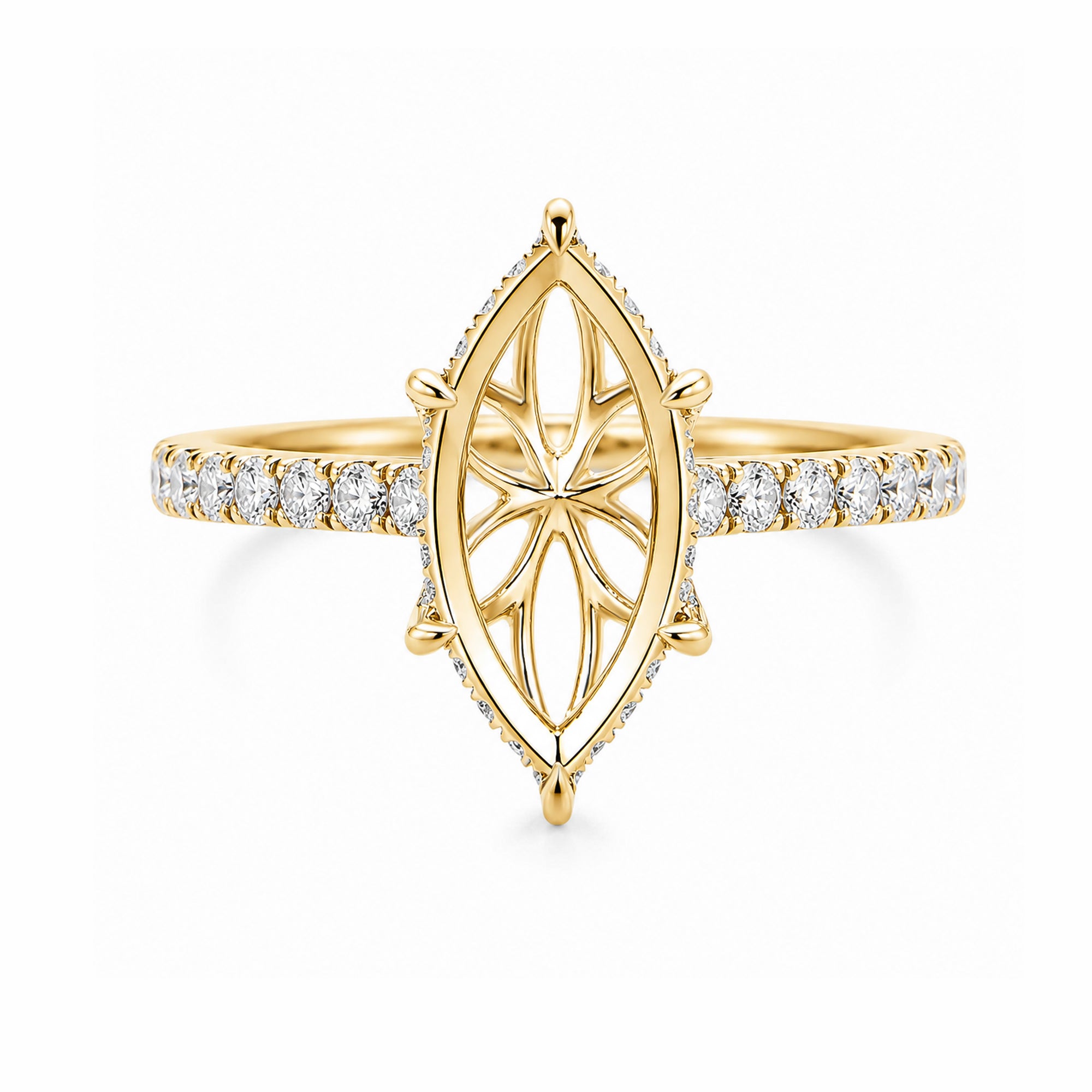 14K Yellow Gold Marquise‑Shaped Openwork Filigree Ring with Pavé‑Set Diamond Band