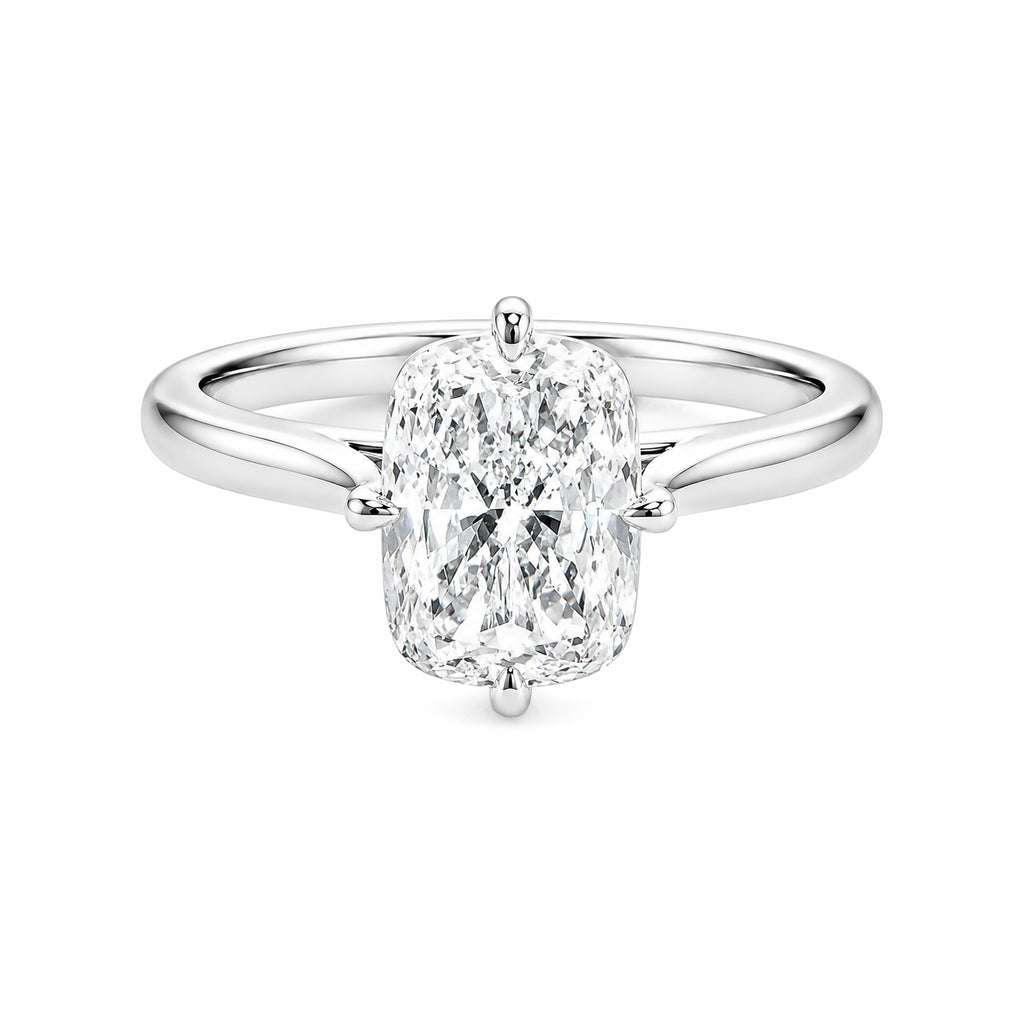 14K White Gold Cushion‑Cut Lab‑Grown Diamond Solitaire Ring, Four‑Round‑Ball‑Prong Setting Slim Polished Shank