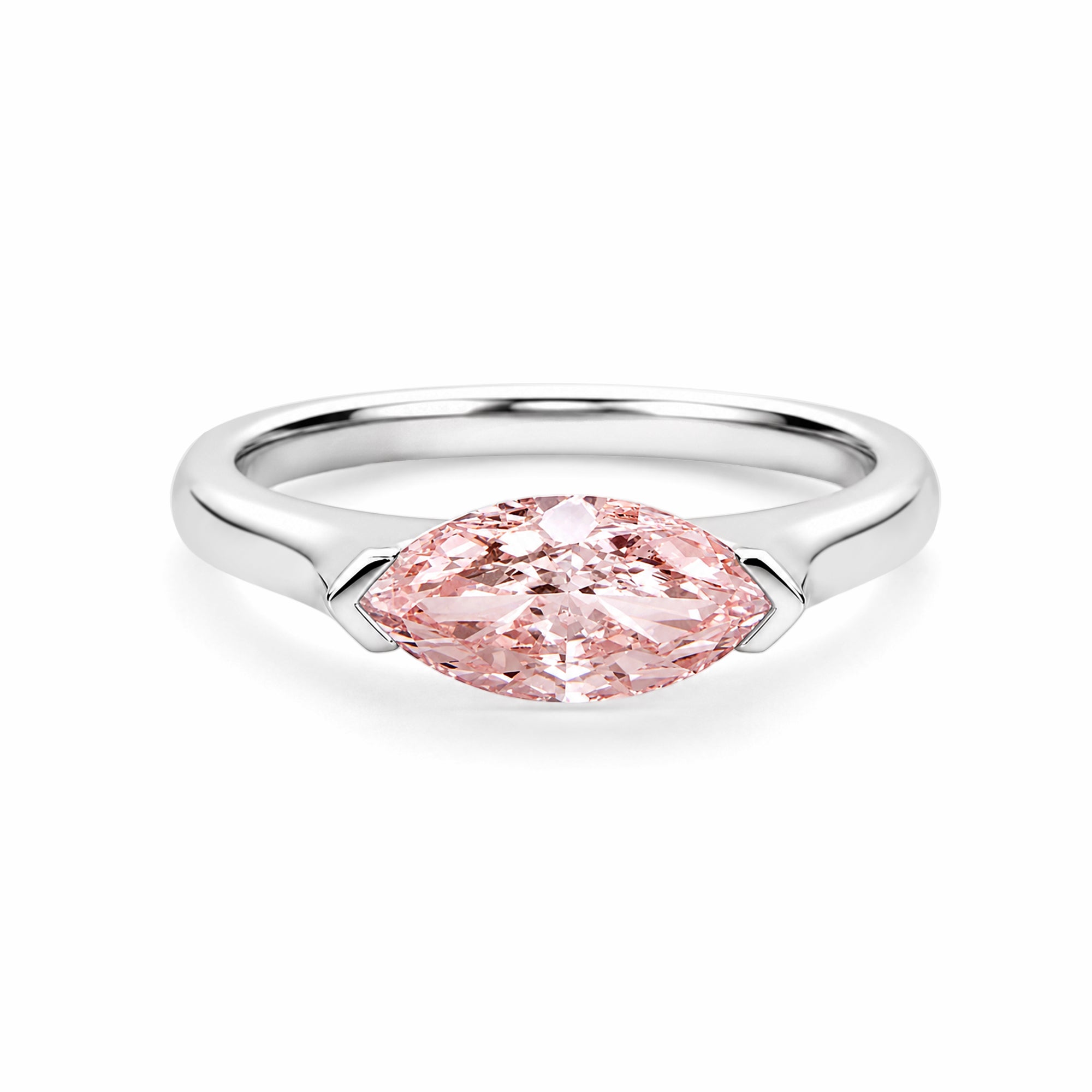 14K White Gold Marquise‑Cut Pink Lab‑Grown Diamond Solitaire Ring, Partial Bezel‑Tension‑Inspired Setting Plain Polished Band