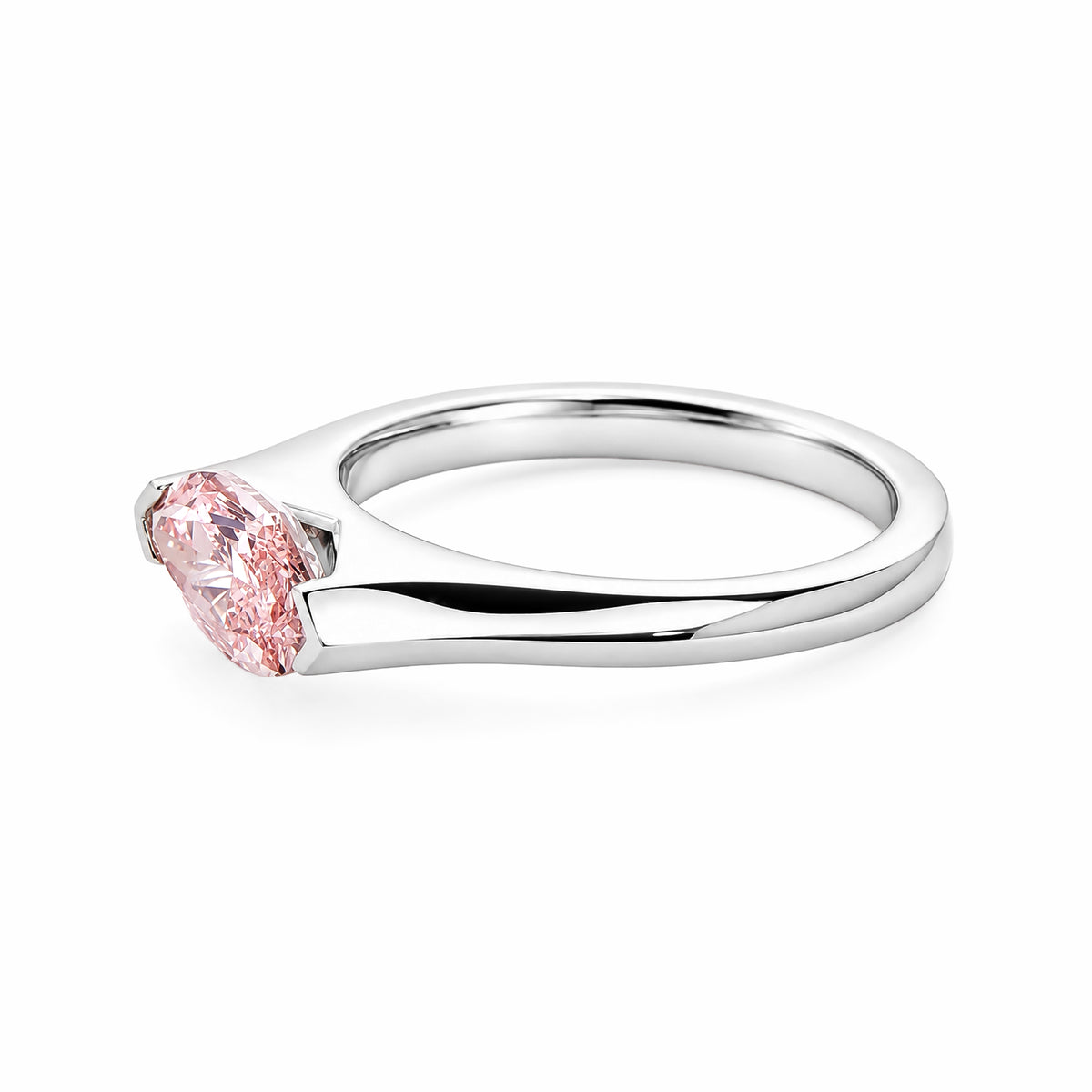 14K White Gold Marquise‑Cut Pink Lab‑Grown Diamond Solitaire Ring, Partial Bezel‑Tension‑Inspired Setting Plain Polished Band