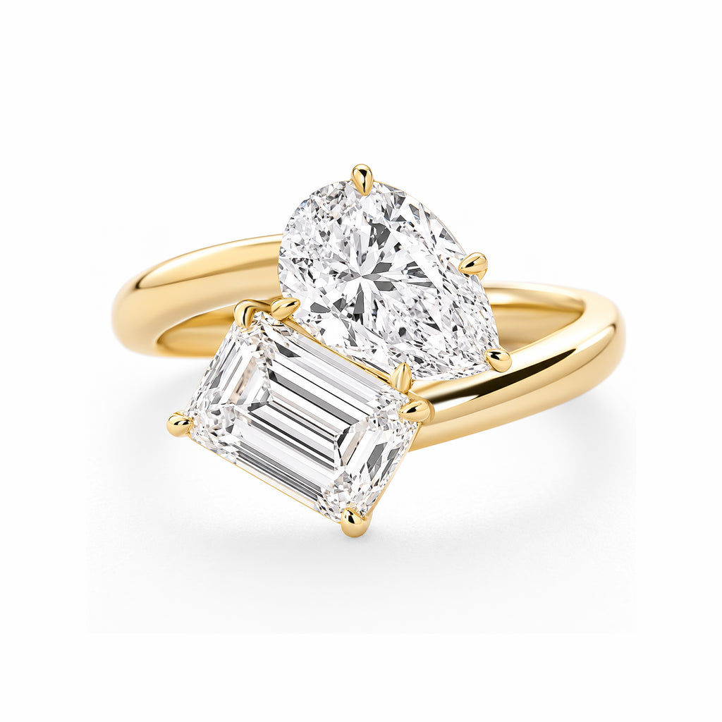 14K Yellow Gold Toi et Moi Two‑Stone Ring, Pear‑Cut & Emerald‑Cut Lab‑Grown Diamond Bypass Engagement Ring