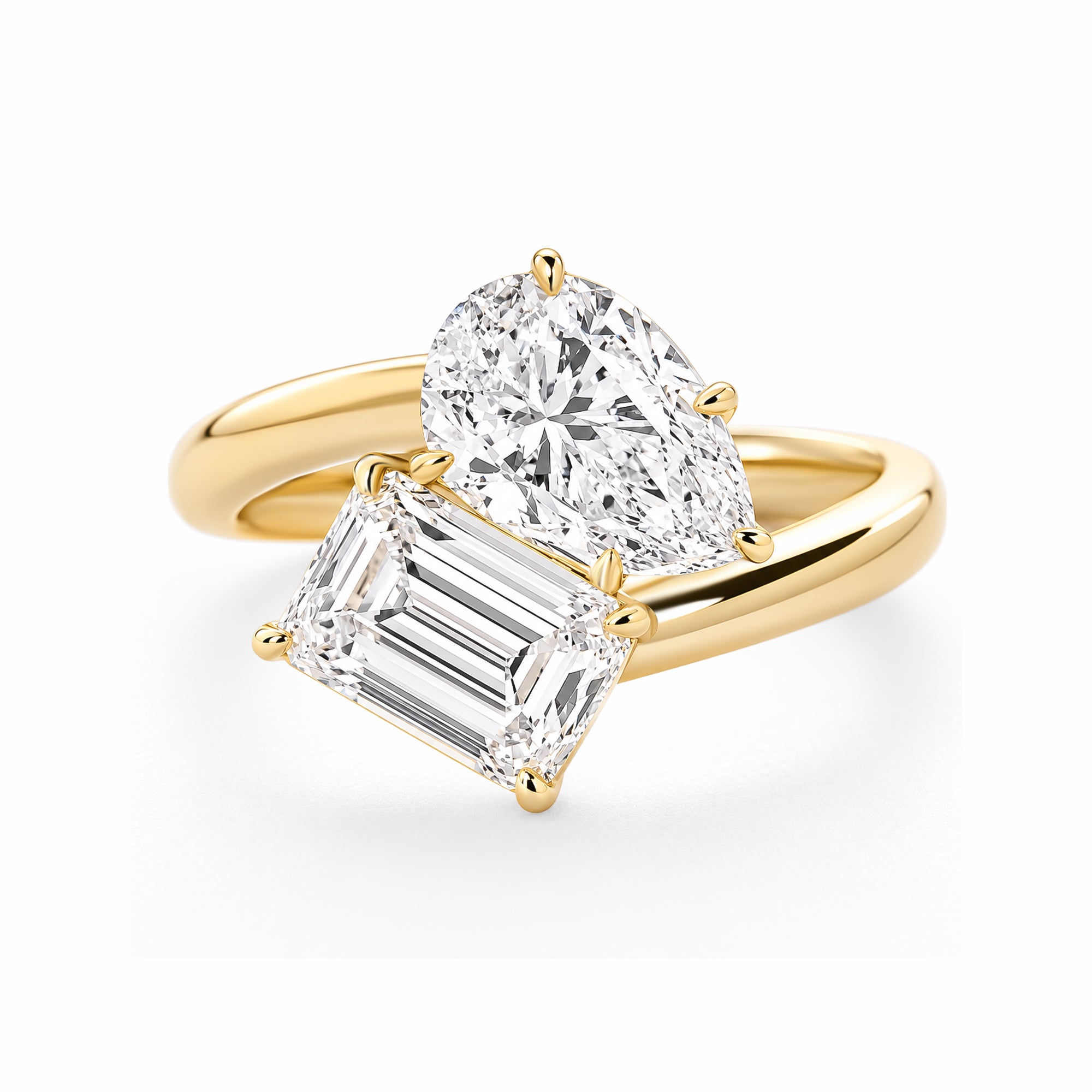 14K Yellow Gold Toi et Moi Two‑Stone Ring, Pear‑Cut & Emerald‑Cut Lab‑Grown Diamond Bypass Engagement Ring