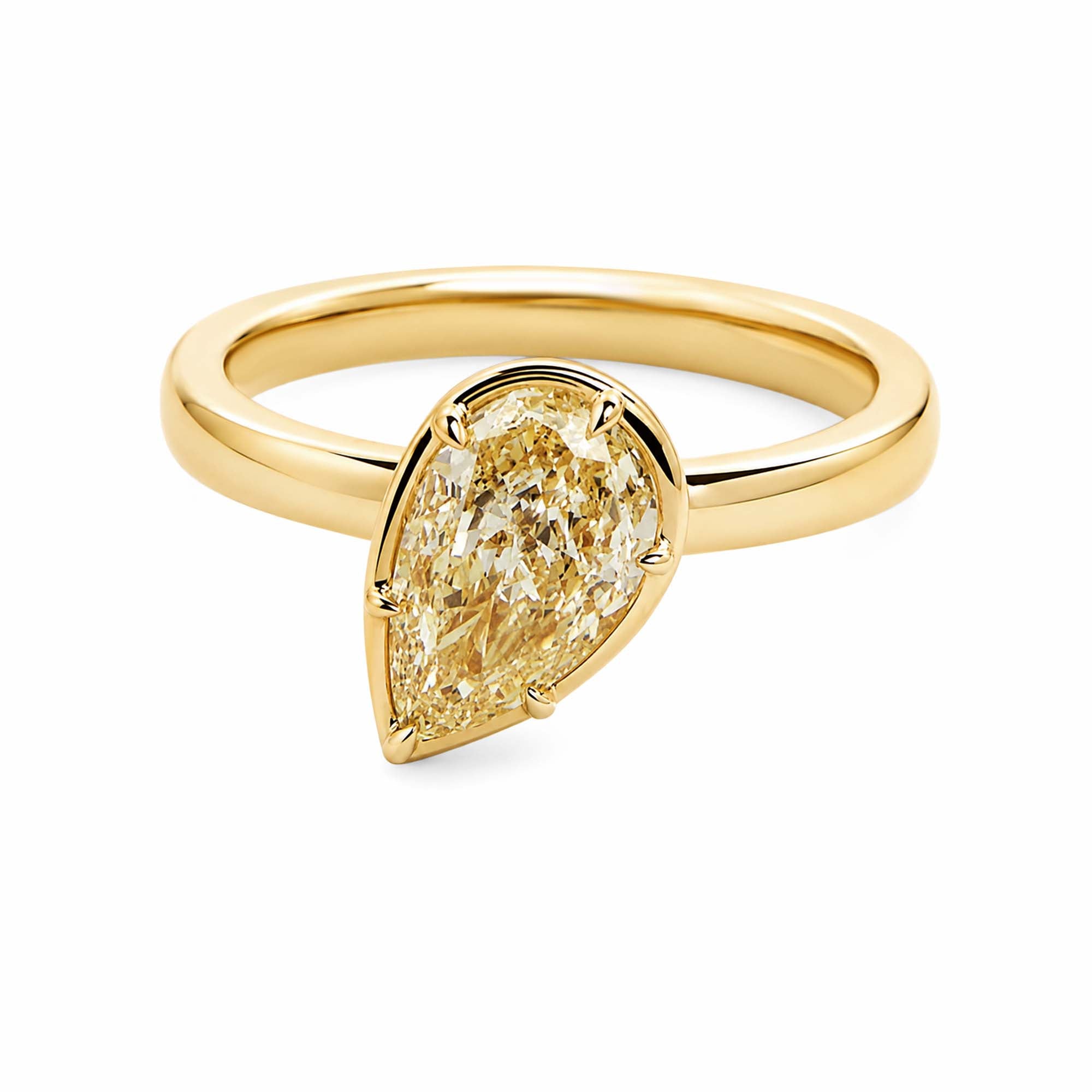 14K Yellow Gold Pear‑Cut Yellow Lab‑Grown Diamond Solitaire Ring, Partial Bezel‑Prong Hybrid Setting Plain Band