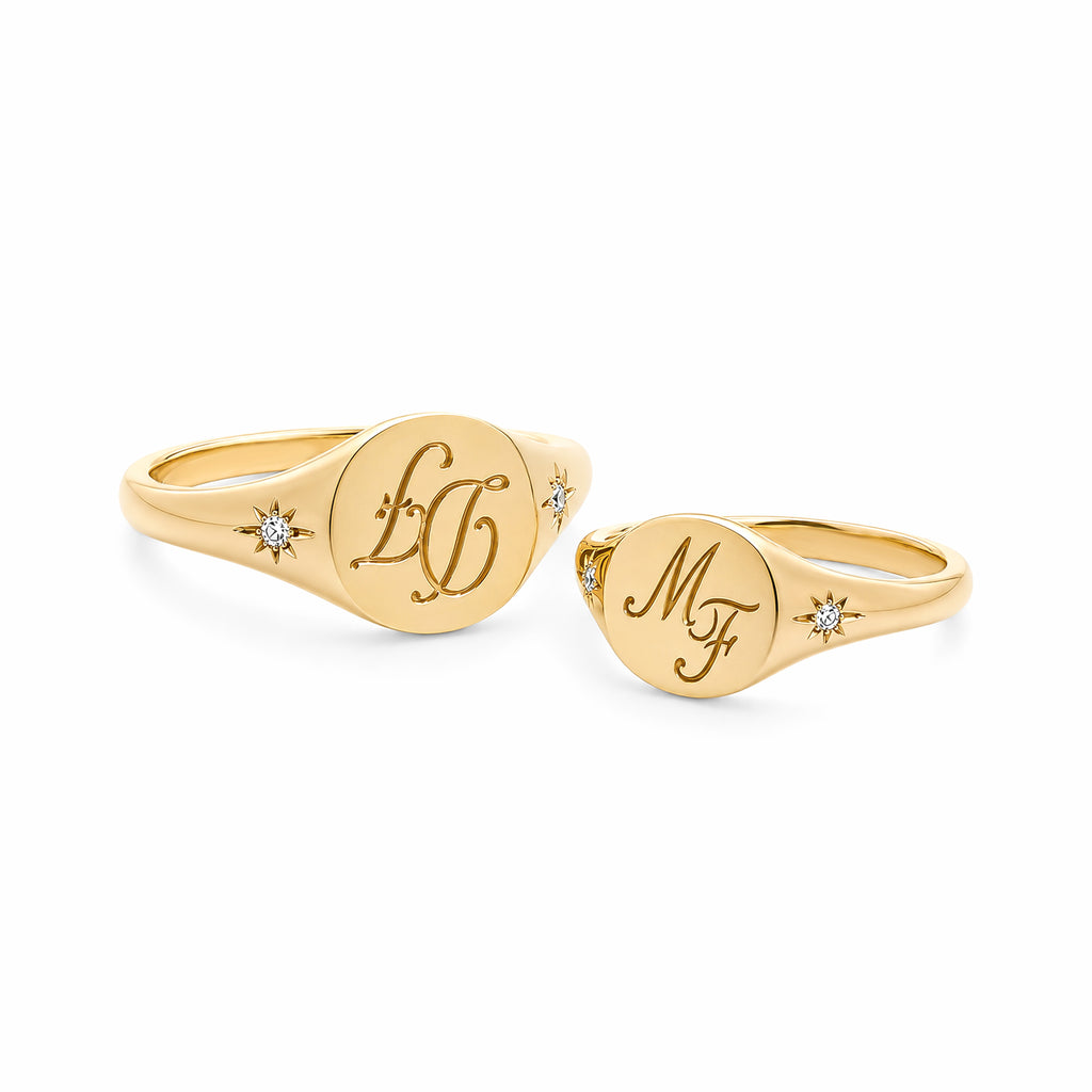 14K Yellow Gold Personalized Monogram Signet Ring with Starburst Diamonds & Pink Accent Stone