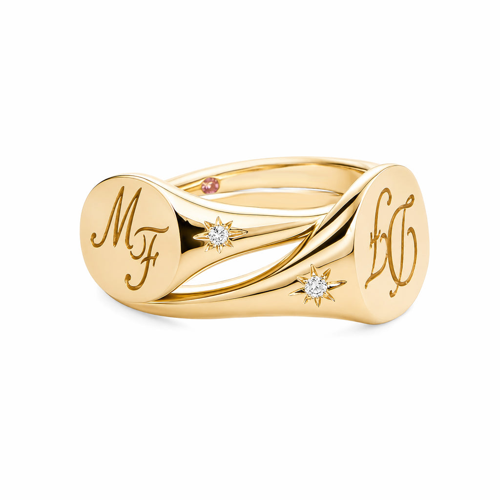 14K Yellow Gold Custom‑Engraved Monogram Signet Ring with Starburst Diamonds & Dual Inner Pink Accent Stones