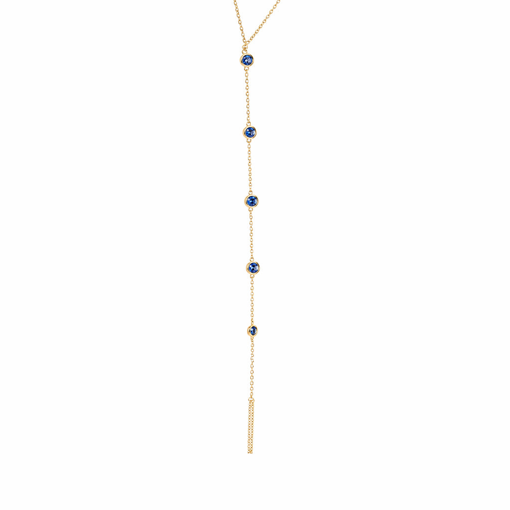 14K Yellow Gold Sapphire Lariat‑Style Y‑Bracelet, Bezel‑Set Round Sapphires Cable Chain Spring‑Ring Clasp