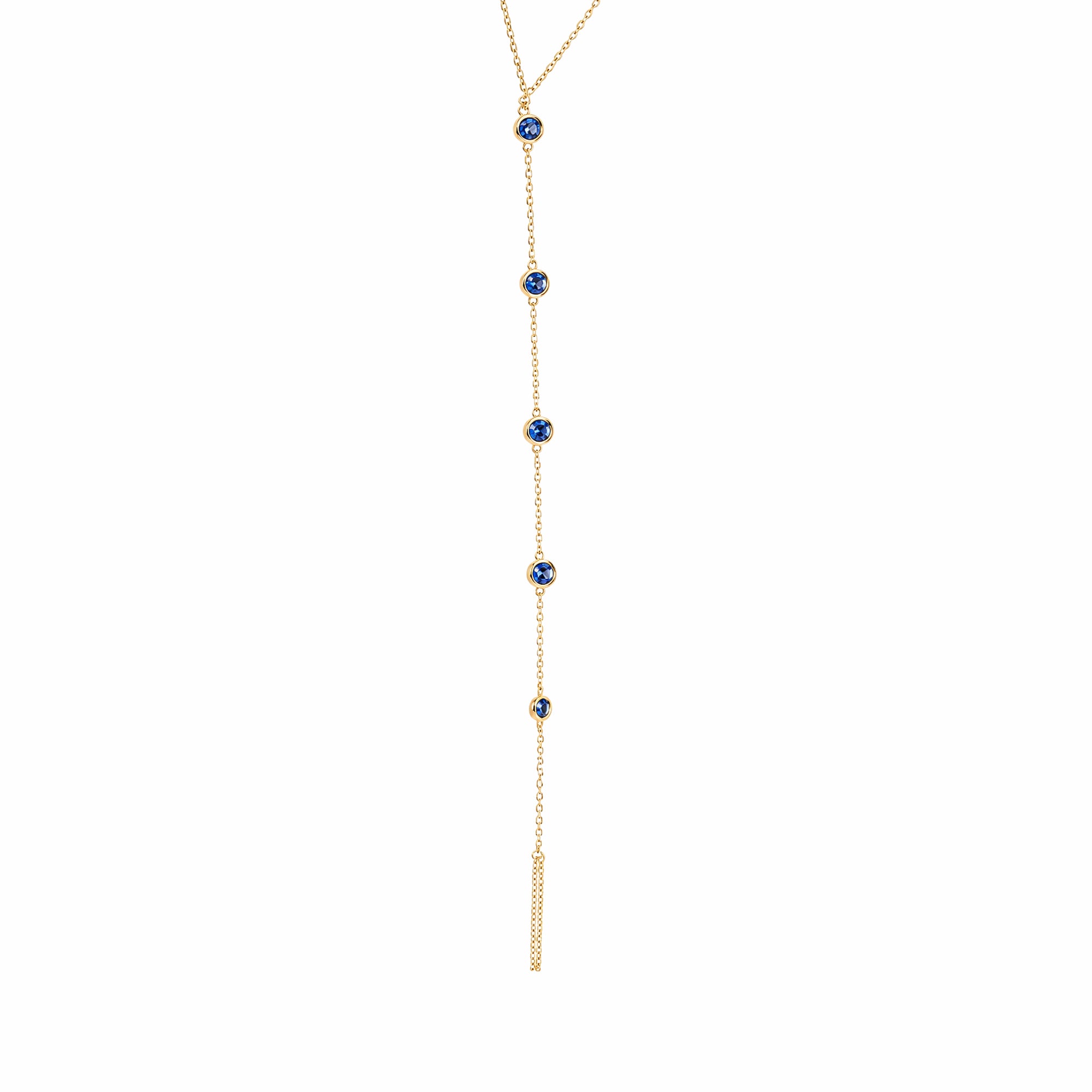 14K Yellow Gold Sapphire Lariat‑Style Y‑Bracelet, Bezel‑Set Round Sapphires Cable Chain Spring‑Ring Clasp