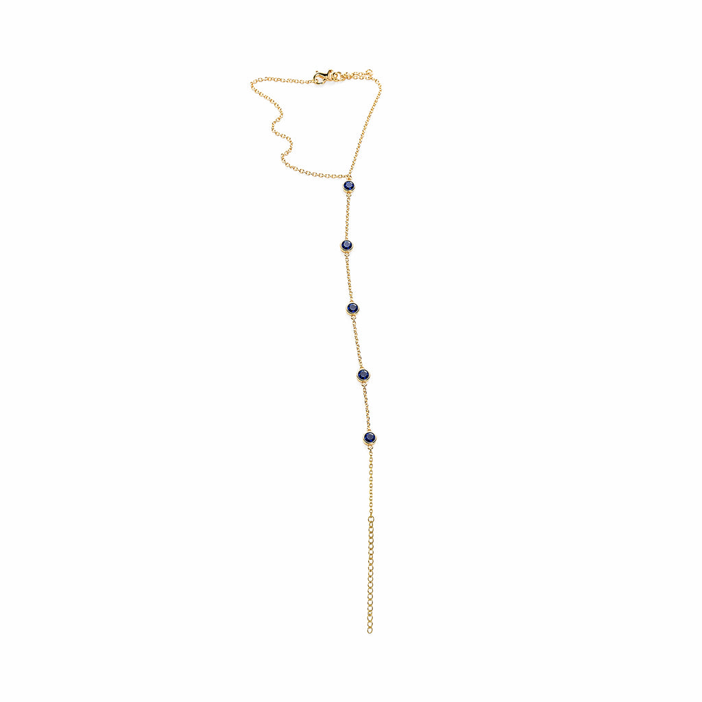 14K Yellow Gold Sapphire Lariat‑Style Y‑Bracelet, Bezel‑Set Round Sapphires Cable Chain Spring‑Ring Clasp