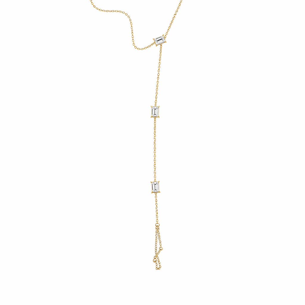 14K Yellow Gold Emerald‑Cut Diamond Lariat‑Style Y‑Bracelet, Four‑Prong‑Set Baguette‑Shape Diamonds Cable Chain