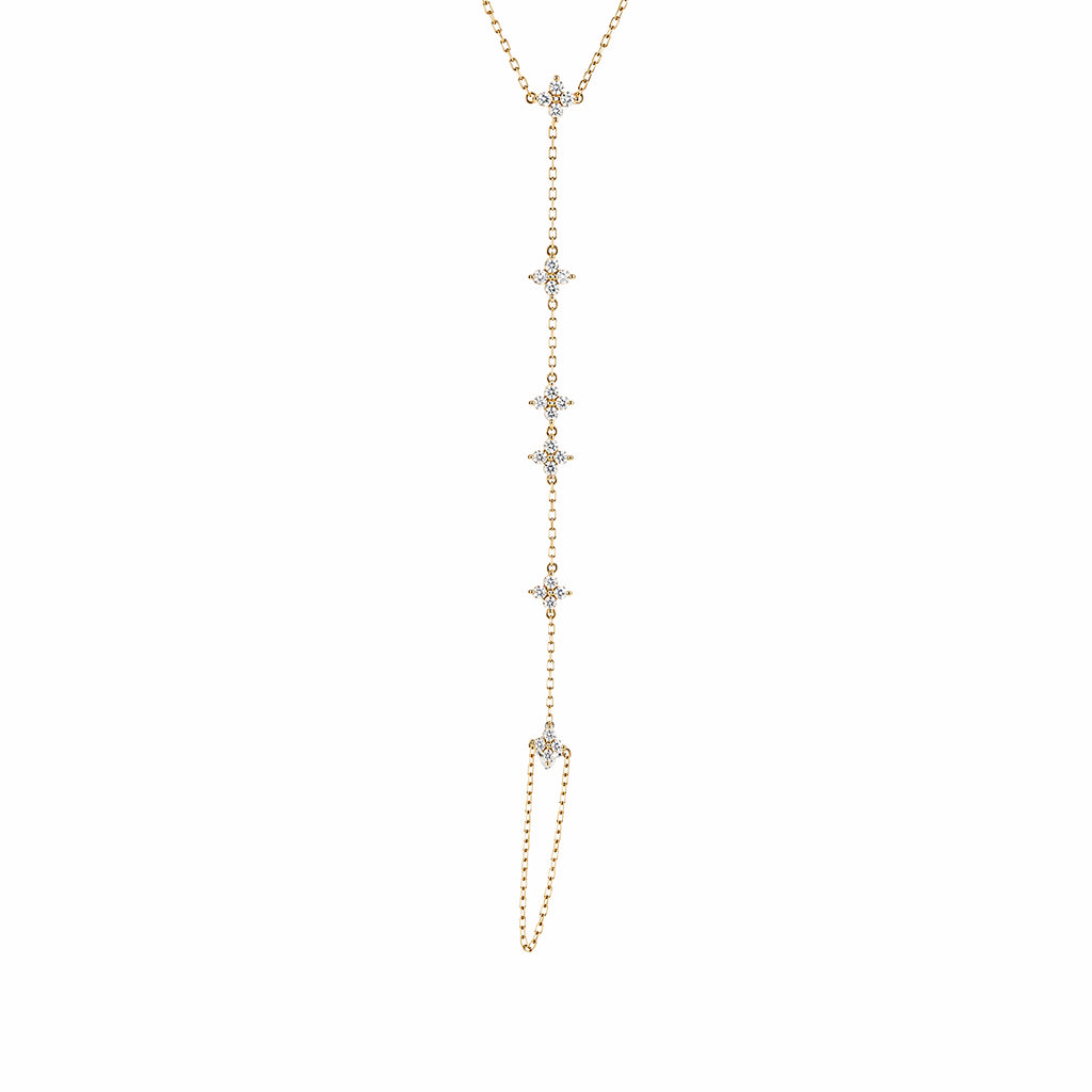 14K Yellow Gold Diamond Clover‑Cluster Lariat Y‑Bracelet, Adjustable Sliding Chain, Six Floral Station Motifs