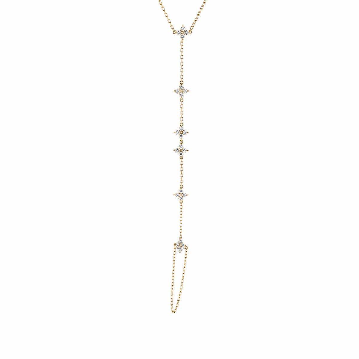 14K Yellow Gold Diamond Clover‑Cluster Lariat Y‑Bracelet, Adjustable Sliding Chain, Six Floral Station Motifs