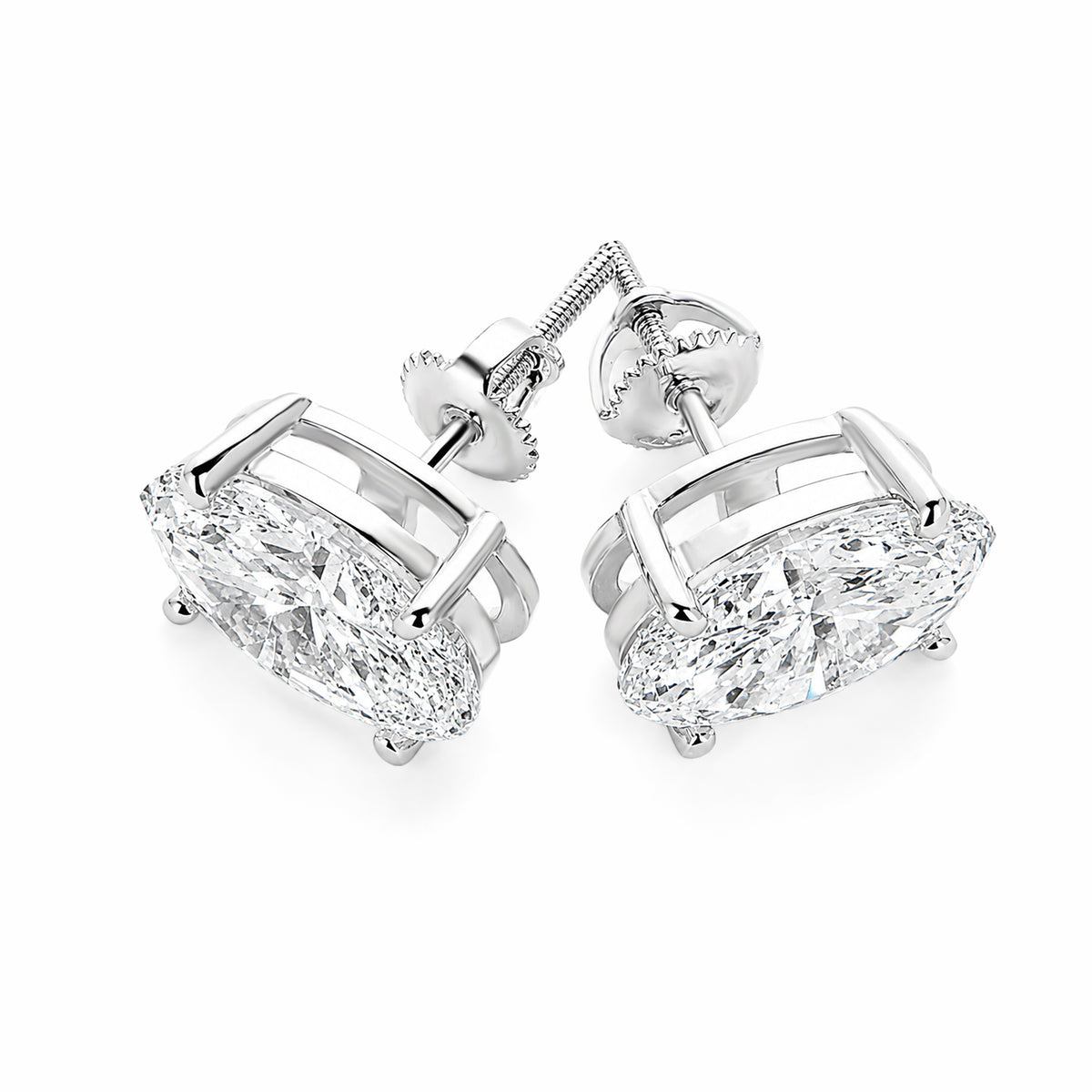14K White Gold Oval‑Cut Lab‑Grown Diamond Stud Earrings, Four‑Ball‑Prong Setting, Screw‑Back Posts, Open Basket Setting