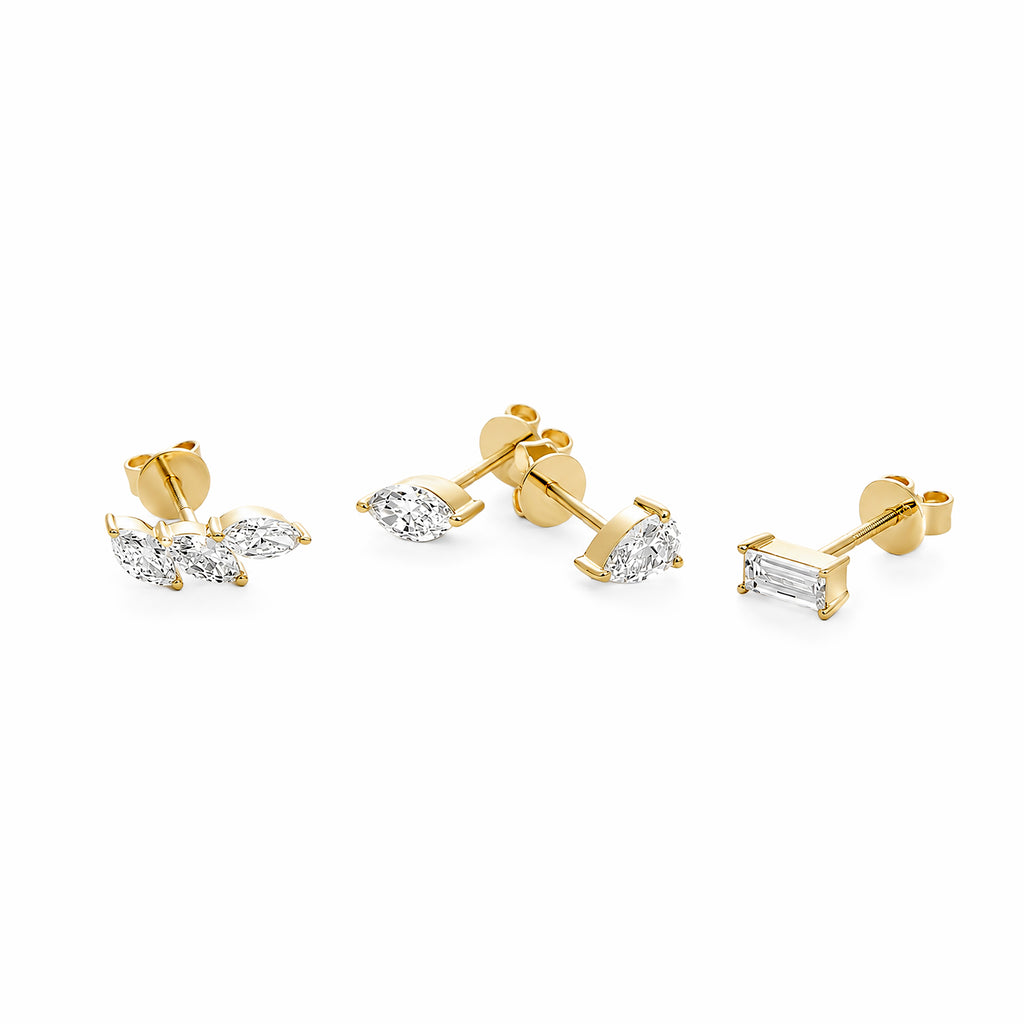 14K Yellow Gold Lab‑Grown Diamond Stud Earring Set, 3‑Pairs: Three‑Stone Pear‑Cut, Single Pear‑Cut, Emerald‑Cut, Bezel Setting, Screw‑Back Posts