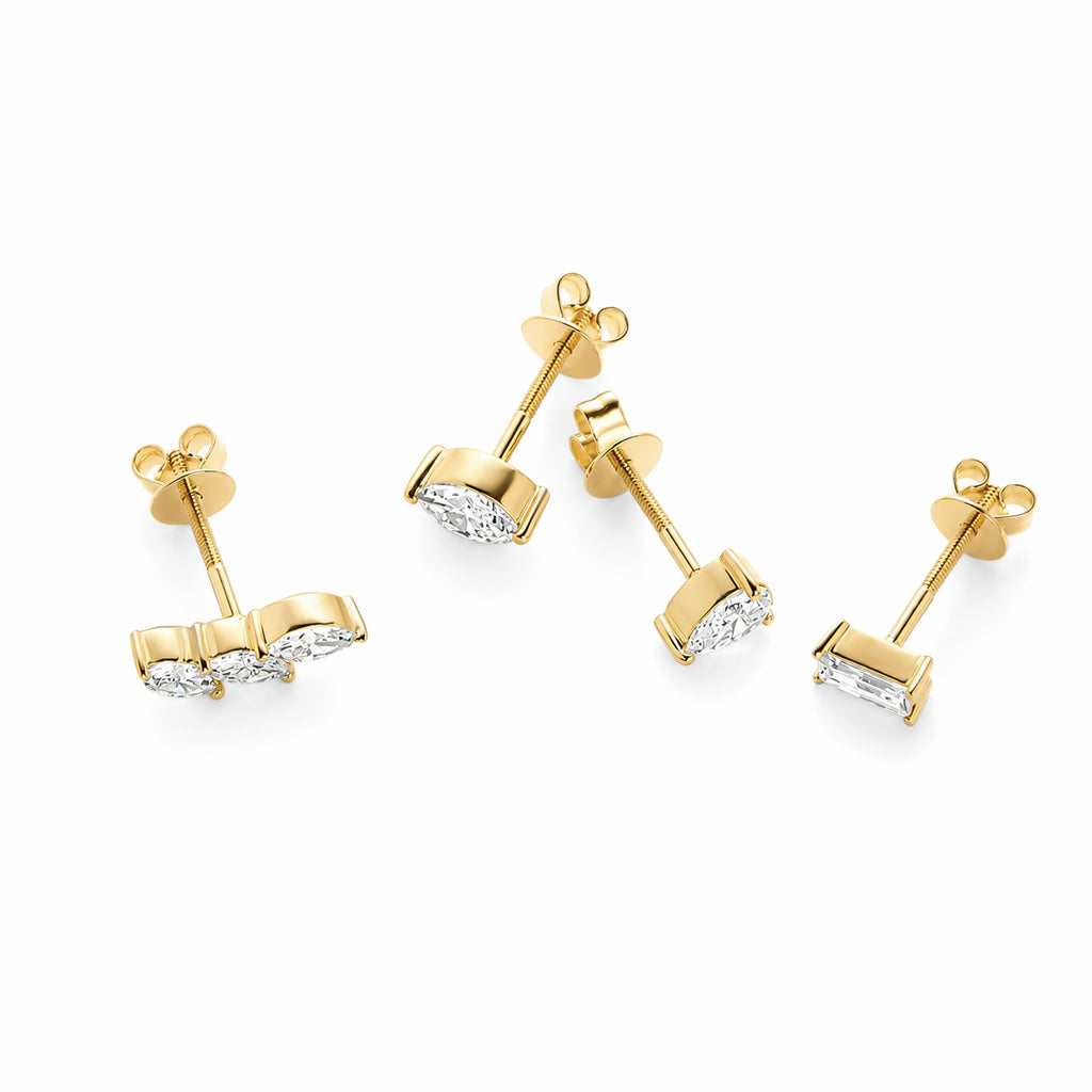 14K Yellow Gold Lab‑Grown Diamond Stud Earring Set, 3‑Pairs: Three‑Stone Pear‑Cut, Single Pear‑Cut, Emerald‑Cut, Bezel Setting, Screw‑Back Posts
