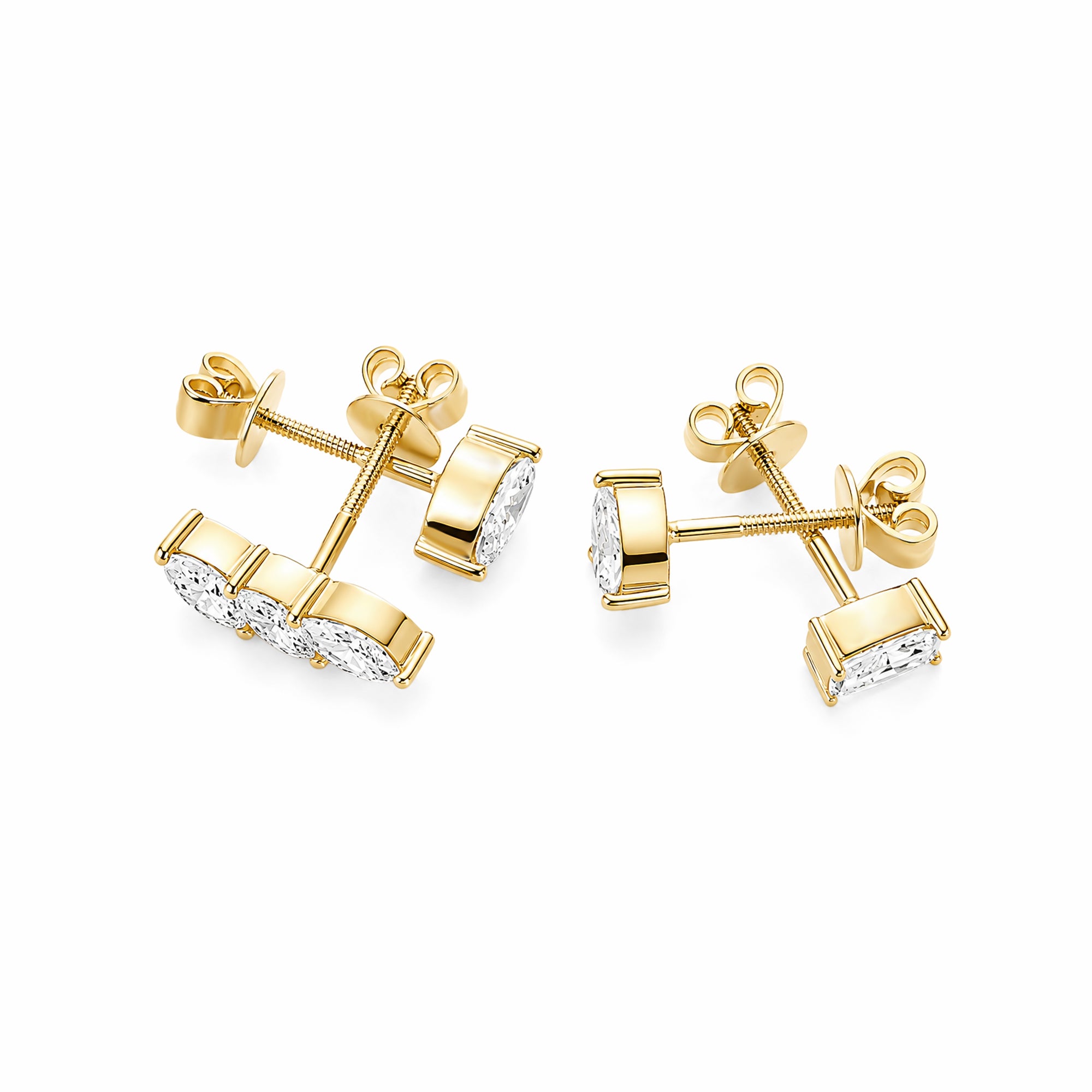 14K Yellow Gold Lab‑Grown Diamond Stud Earring Set, 3‑Pairs: Three‑Stone Pear‑Cut, Single Pear‑Cut, Emerald‑Cut, Bezel Setting, Screw‑Back Posts