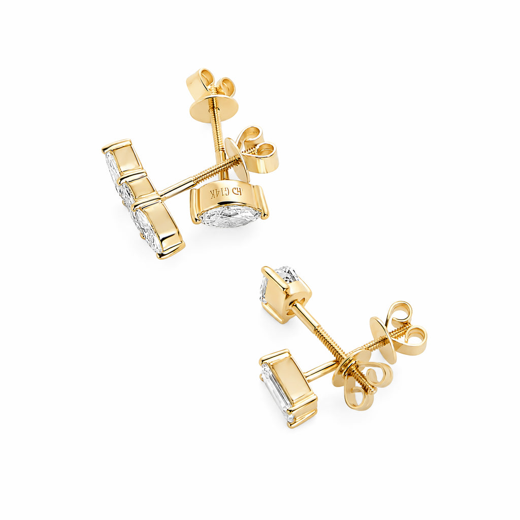 14K Yellow Gold Lab‑Grown Diamond Stud Earring Set, 3‑Pairs: Three‑Stone Pear‑Cut, Single Pear‑Cut, Emerald‑Cut, Bezel Setting, Screw‑Back Posts