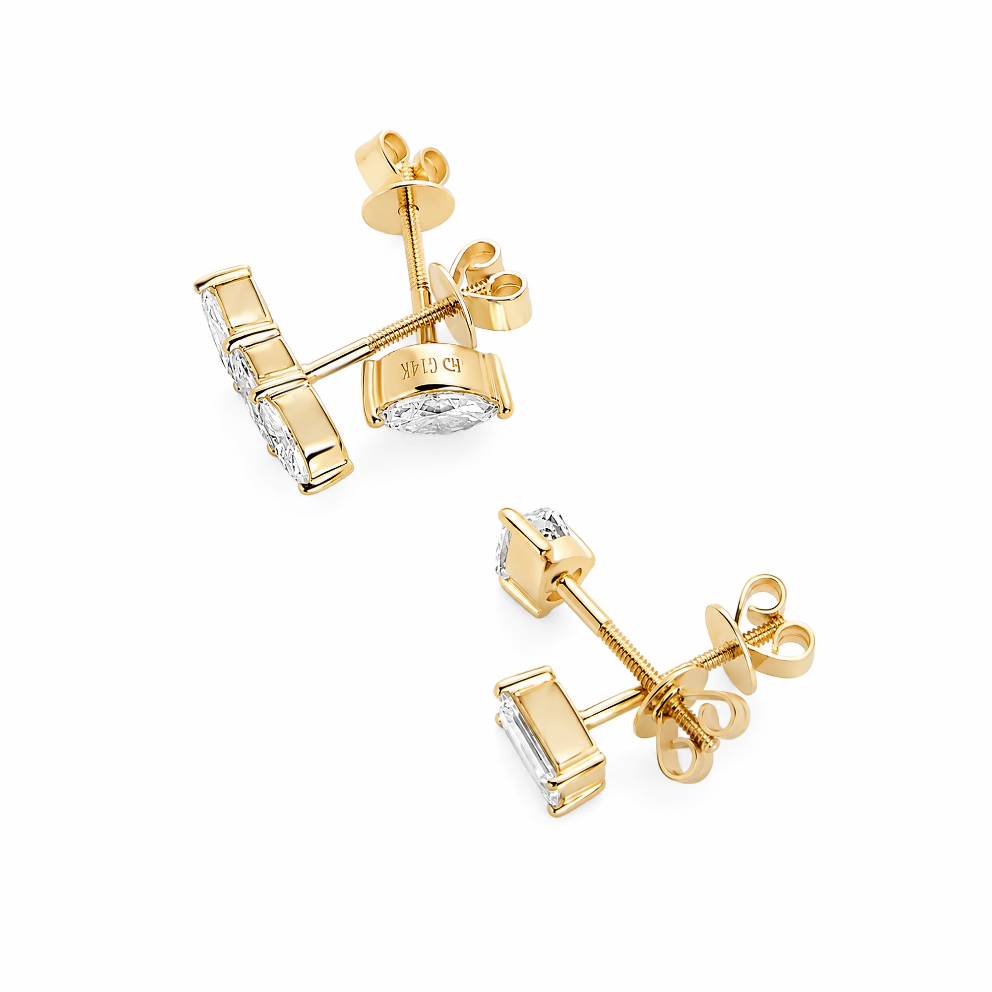 14K Yellow Gold Lab‑Grown Diamond Stud Earring Set, 3‑Pairs: Three‑Stone Pear‑Cut, Single Pear‑Cut, Emerald‑Cut, Bezel Setting, Screw‑Back Posts
