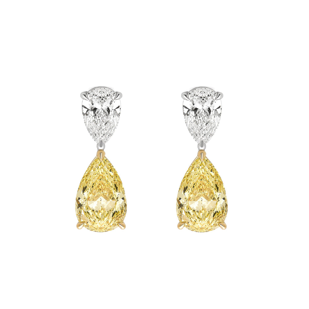 Two Stone Pear White & Fancy Yellow Lab Diamond Two Tone Gold Drop Pendant