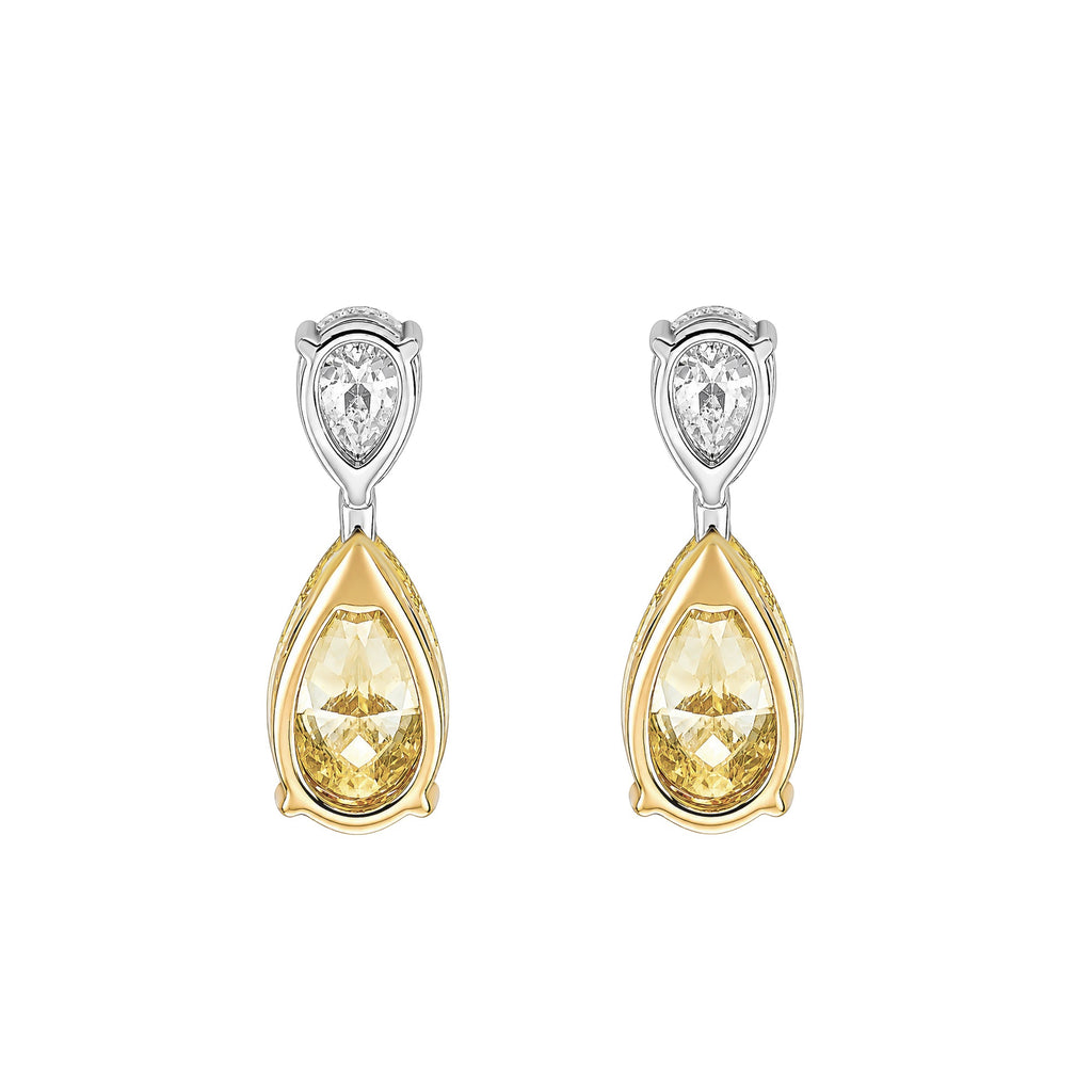 Two Stone Pear White & Fancy Yellow Lab Diamond Two Tone Gold Drop Pendant