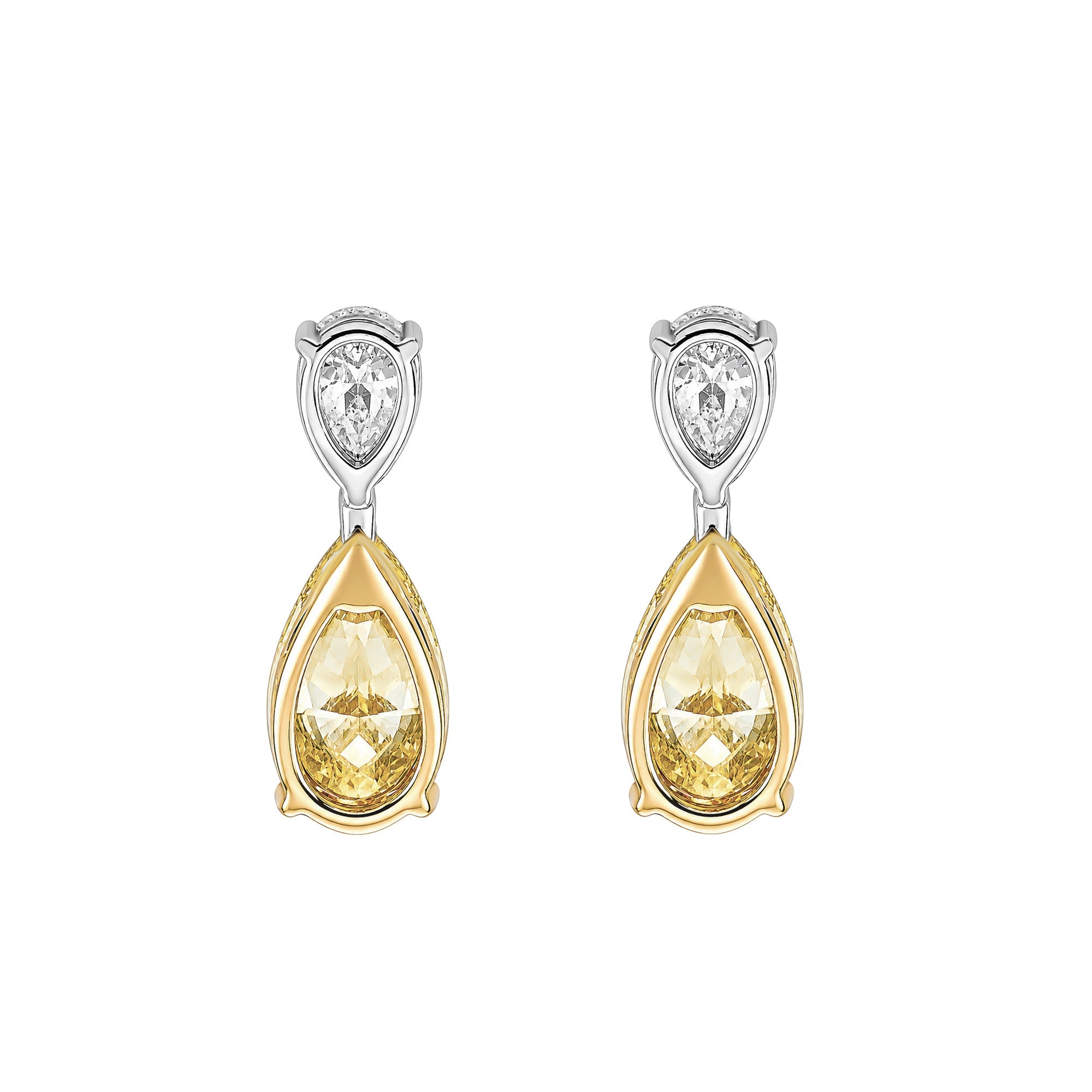 Two Stone Pear White & Fancy Yellow Lab Diamond Two Tone Gold Drop Pendant