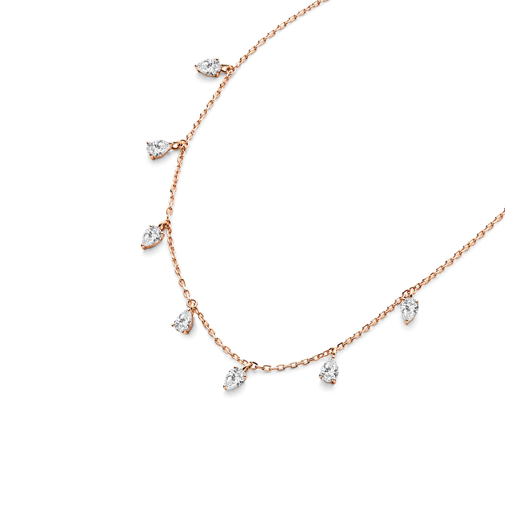 Pear Shaped Lab Grown Diamond Dangling Station Necklace, Solid 9-18K Rose Gold Drop Diamond Chain